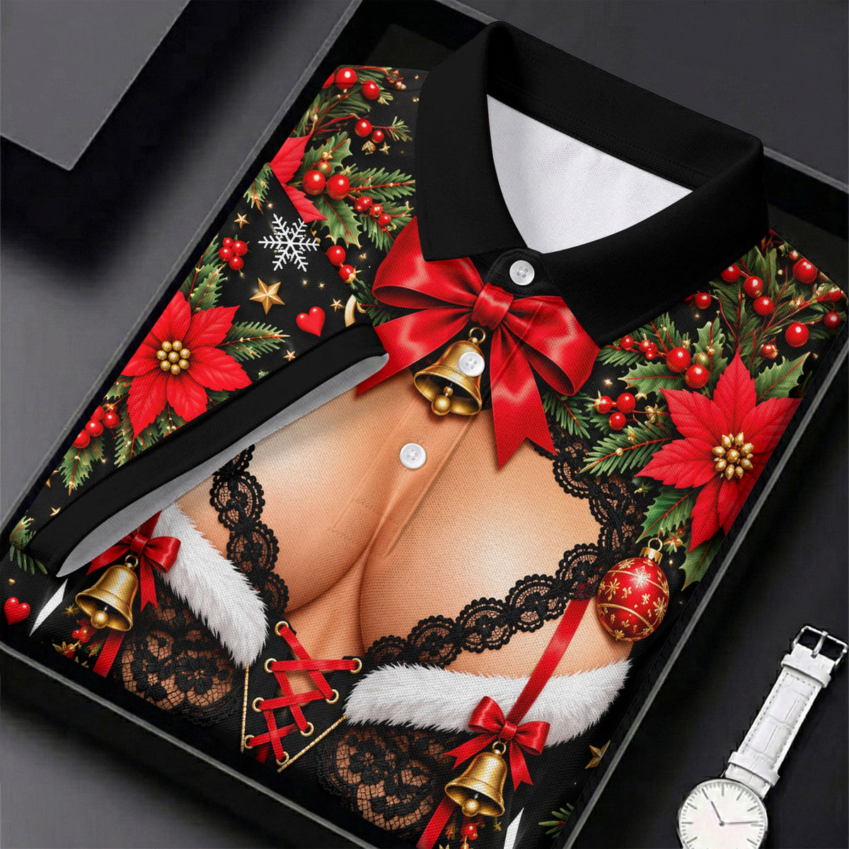 Poinsettia Busty Bells Christmas Golf Shirt, Mens Holiday Golf Shirts, Mens Golf Polo