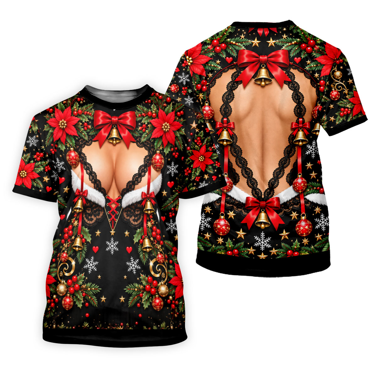 Poinsettia Busty Bells Christmas Golf Shirt, Ladies Golf Shirts, Womens Golf Clothing