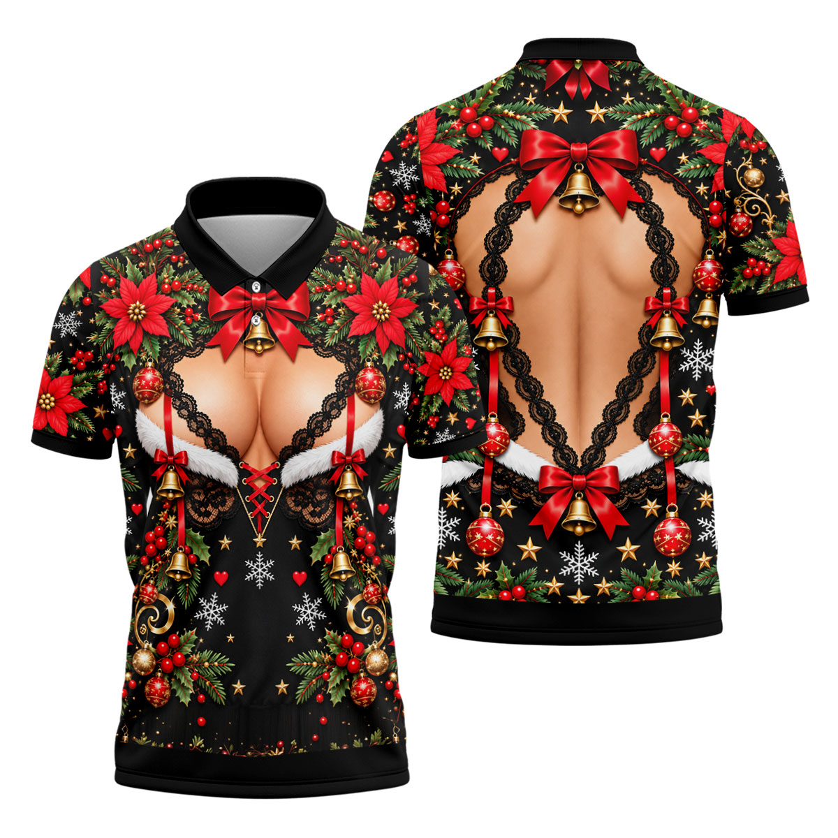Poinsettia Busty Bells Christmas Golf Shirt, Mens Holiday Golf Shirts, Mens Golf Polo