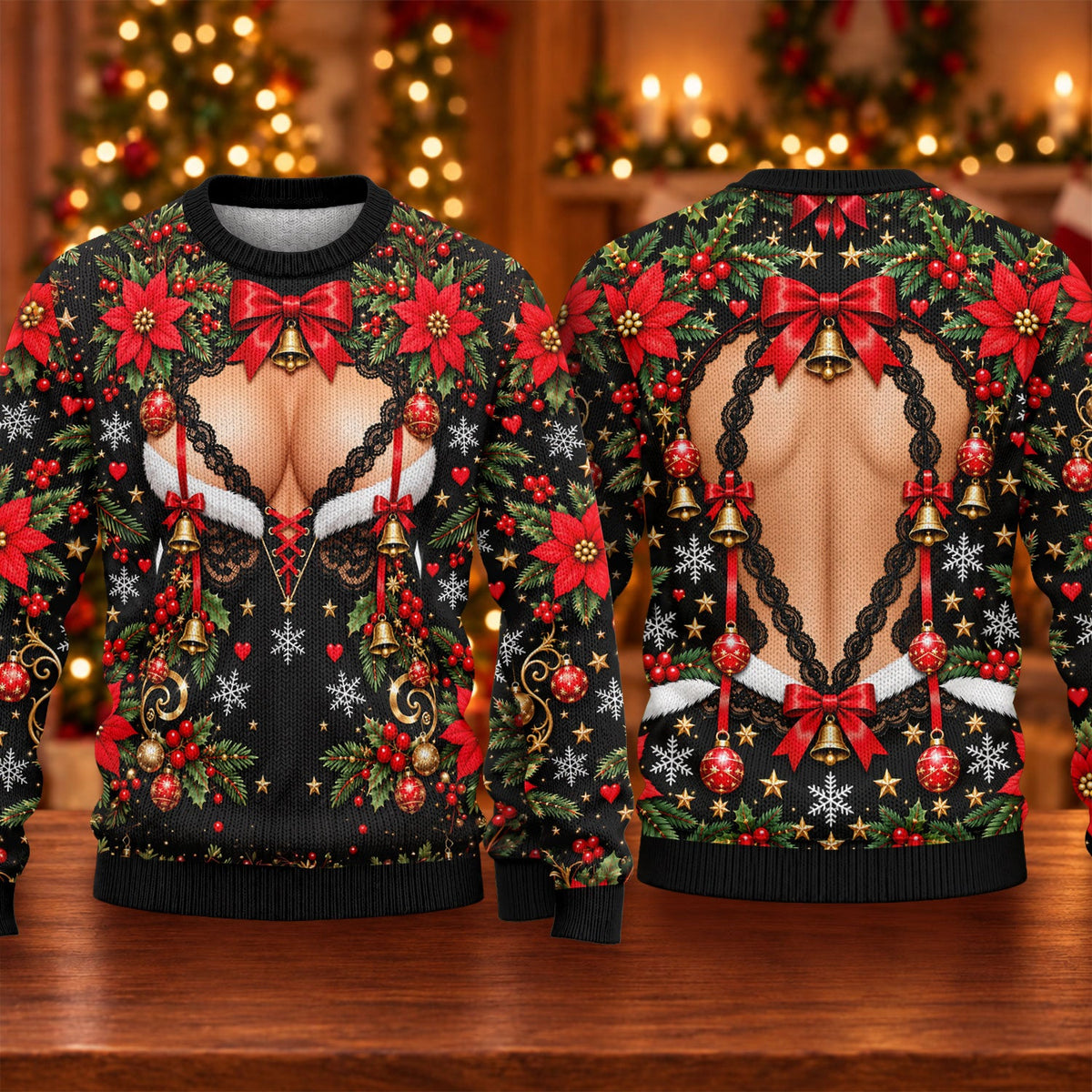 Poinsettia Busty Bells Ugly Christmas Sweater, Holiday Party Sweater, Funny Xmas Gift