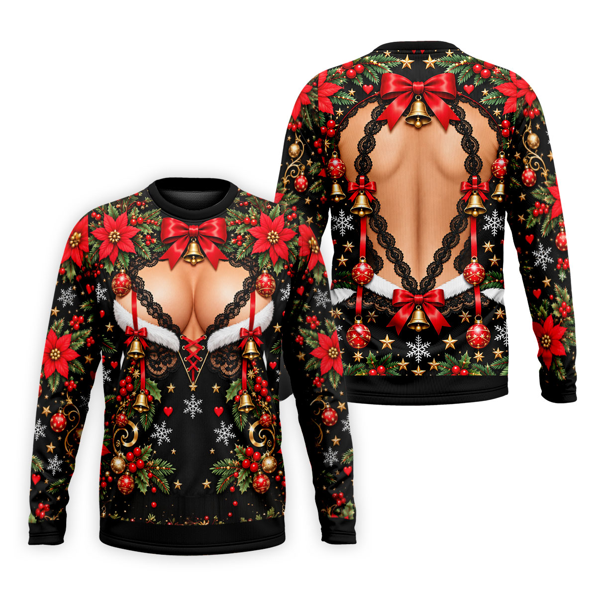 Poinsettia Busty Bells Christmas Golf Shirt, Mens Holiday Golf Shirts, Mens Golf Polo