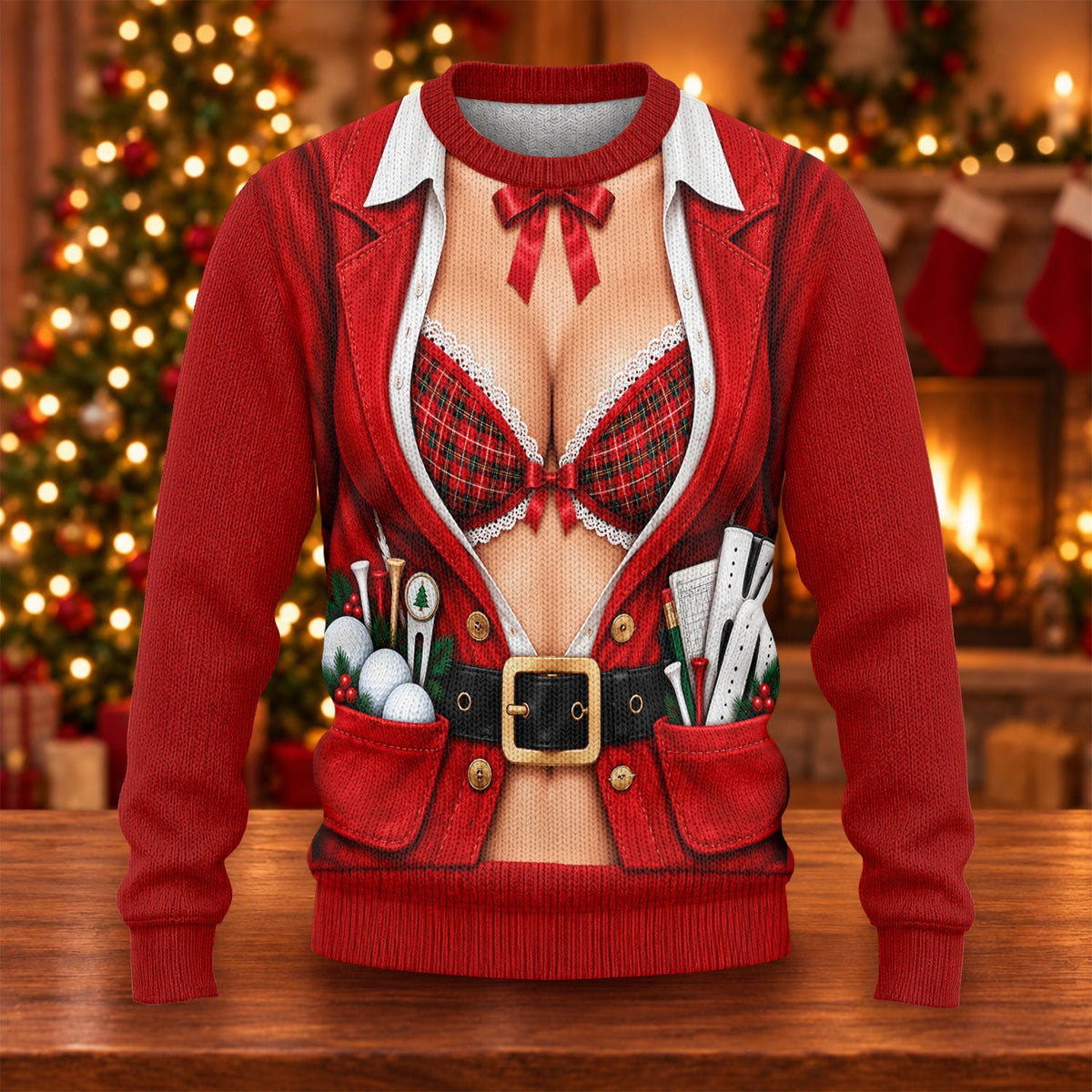 Plaid Bra Santa Suit Ugly Christmas Sweater, Christmas Golf Gift, Ugly Sweater Party