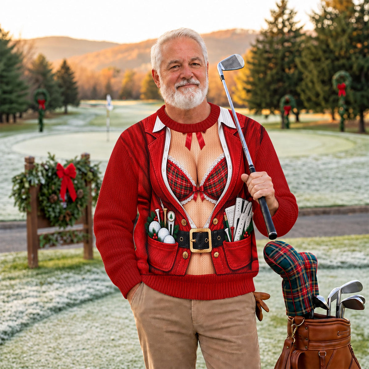 Plaid Bra Santa Suit Ugly Christmas Sweater, Christmas Golf Gift, Ugly Sweater Party