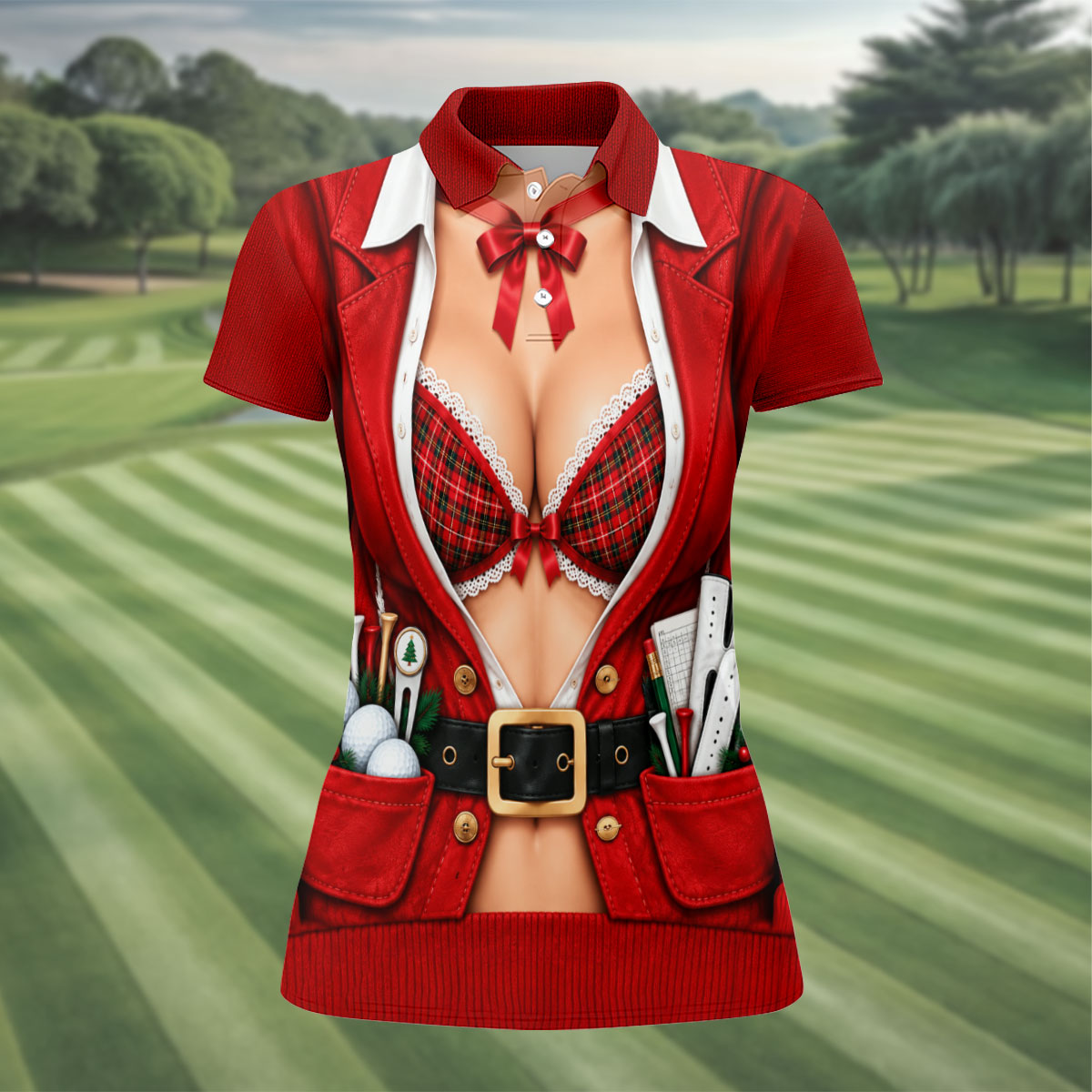 Plaid Bra Santa Suit Christmas Golf Shirt, Ladies Golf Apparel, Golf Shirts For Women
