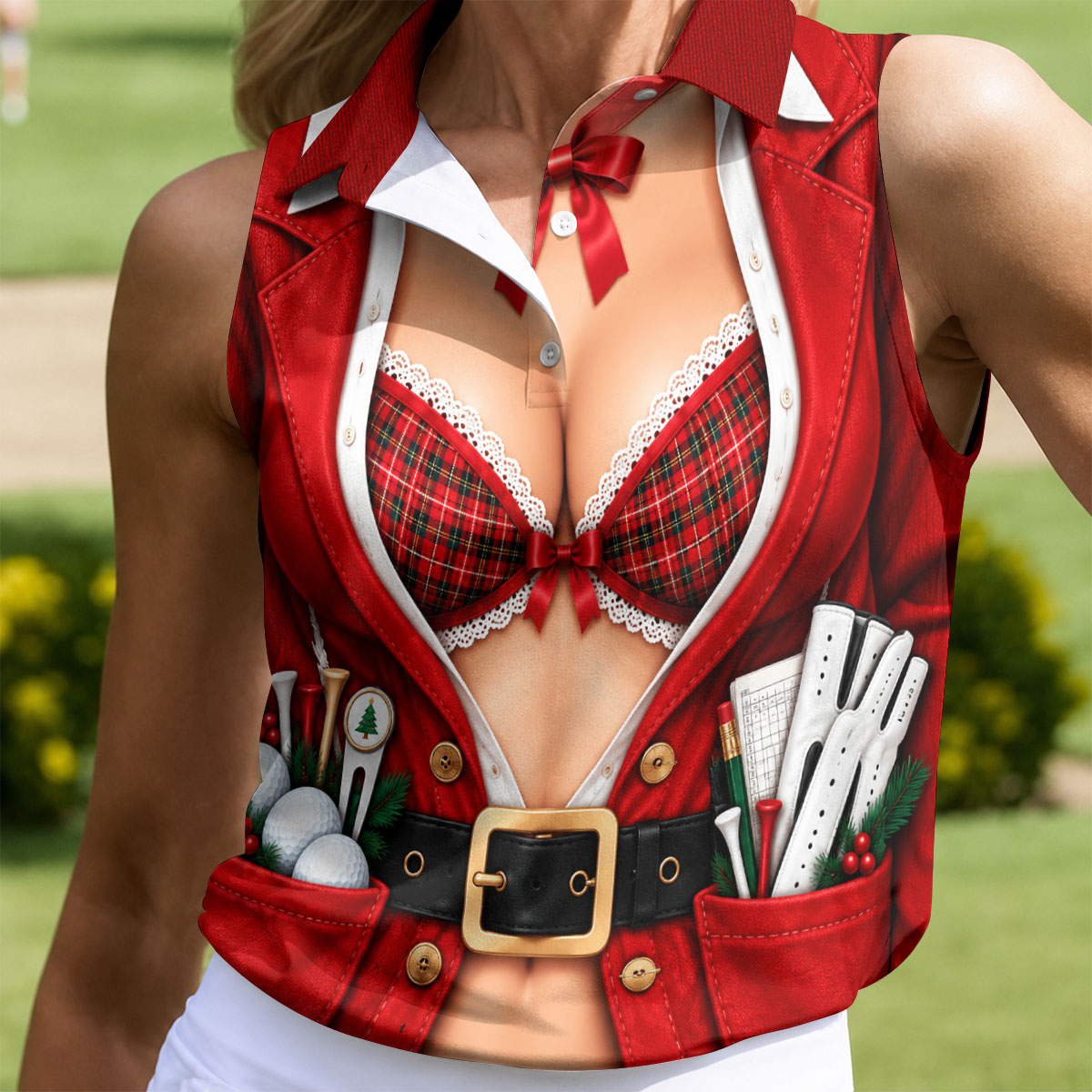 Plaid Bra Santa Suit Christmas Golf Shirt, Ladies Golf Apparel, Golf Shirts For Women