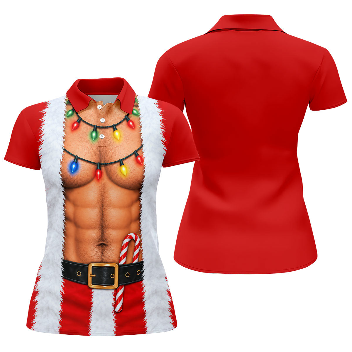 Santa Abs Lights Candy Cane Christmas Golf Shirt, Womens Golf Tops, Ladies Golf Tops