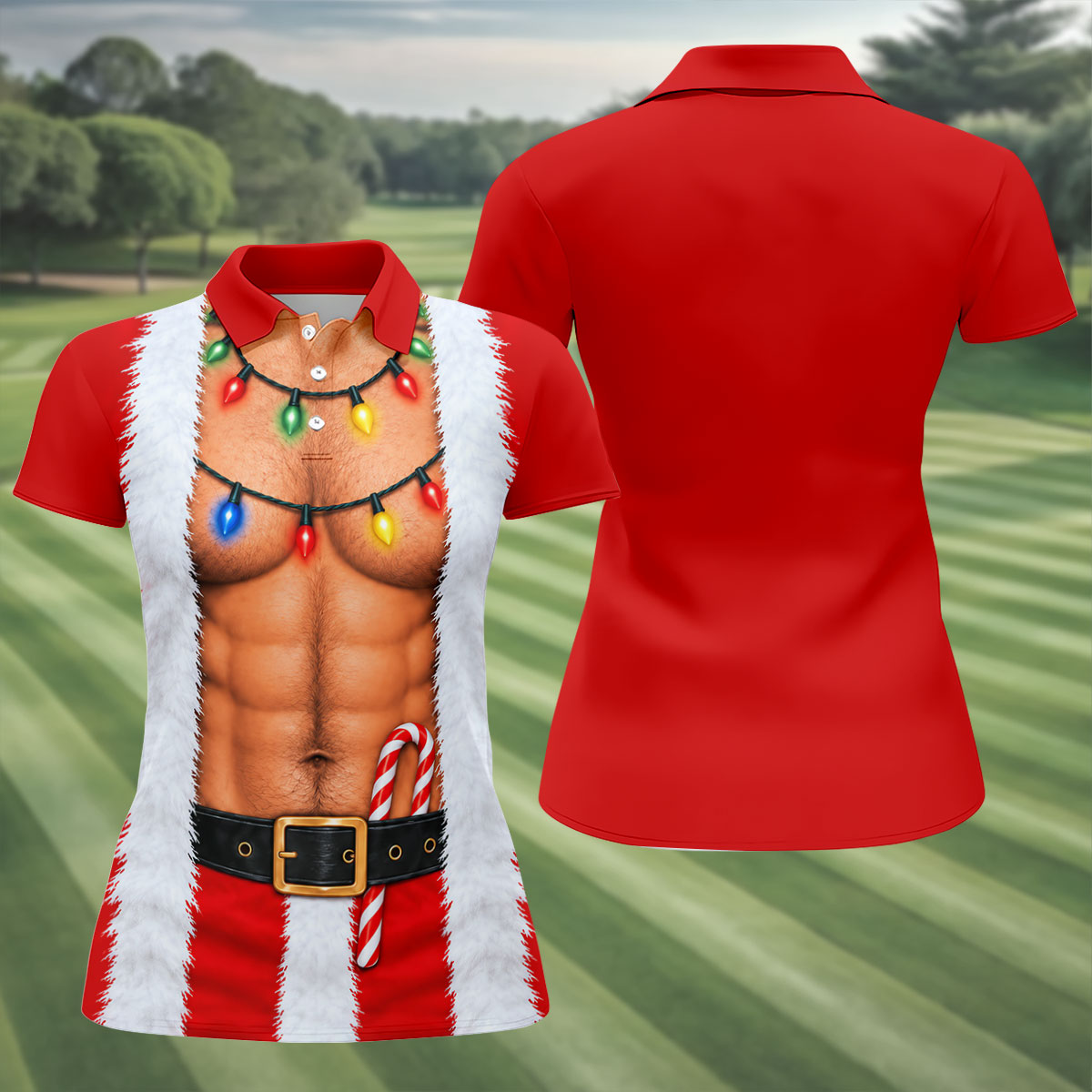 Santa Abs Lights Candy Cane Christmas Golf Shirt, Womens Golf Tops, Ladies Golf Tops