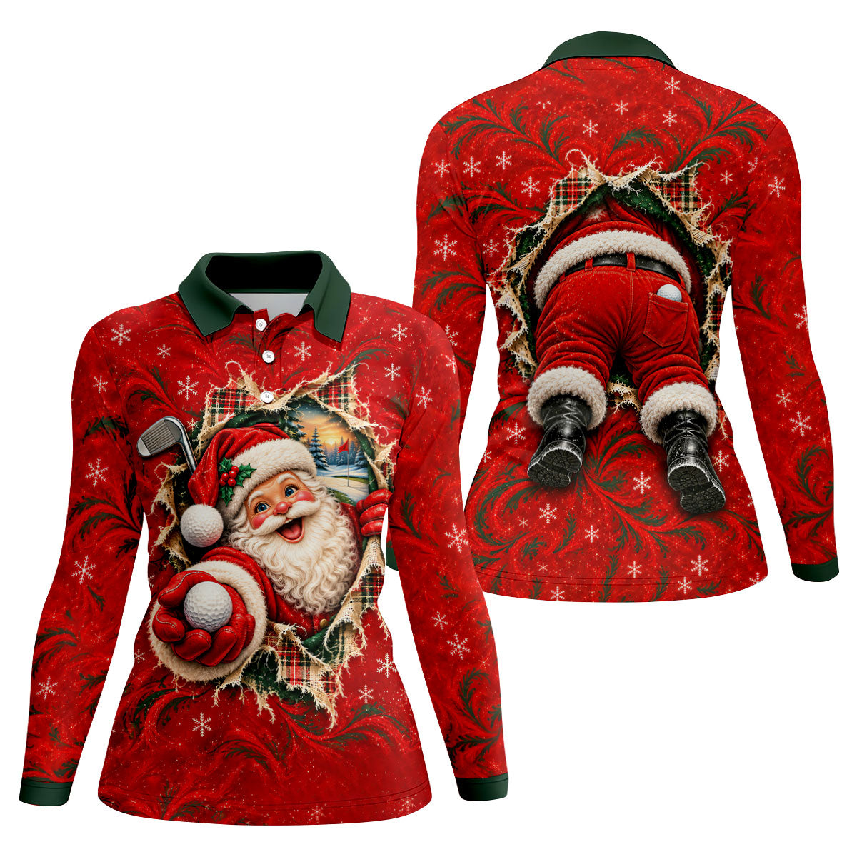 Santa Breaks Through Plaid Christmas Golf Shirt, Womens Golf Shirts, Womens Golf Tops