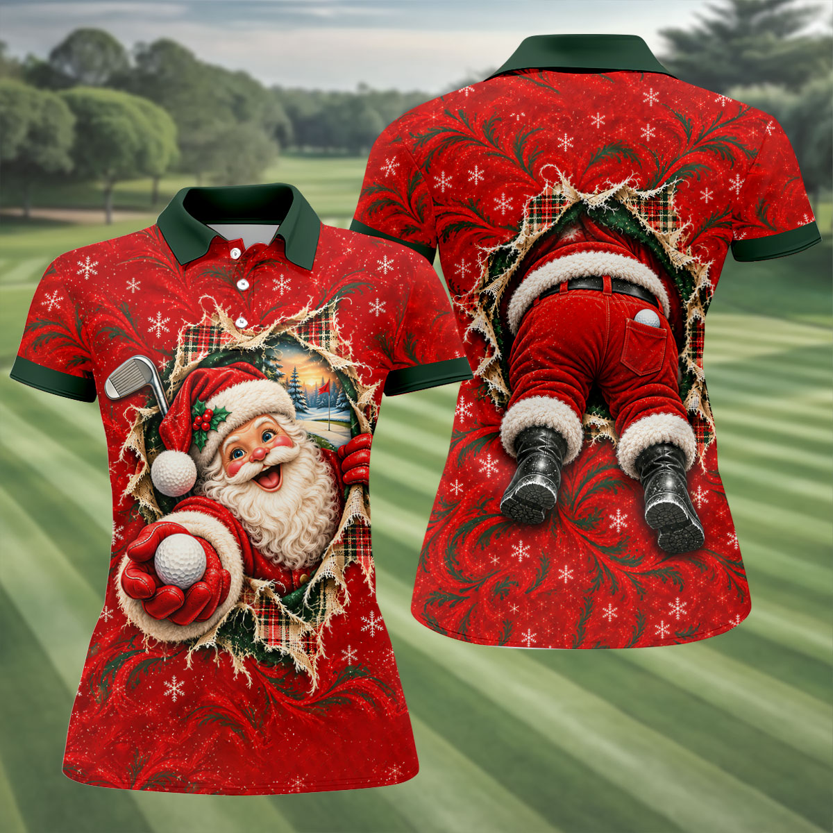 Santa Breaks Through Plaid Christmas Golf Shirt, Womens Golf Shirts, Womens Golf Tops