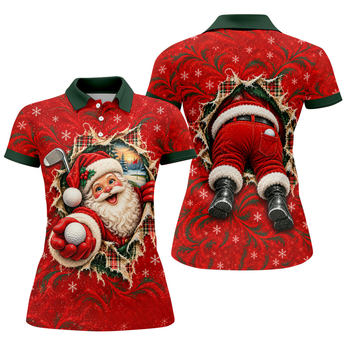 Santa Breaks Through Plaid Christmas Golf Shirt, Womens Golf Shirts, Womens Golf Tops