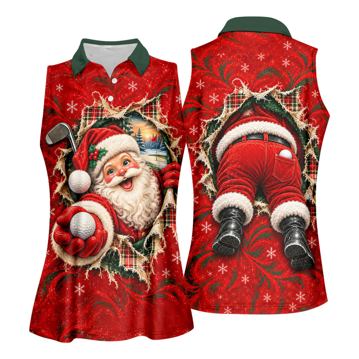 Santa Breaks Through Plaid Christmas Golf Shirt, Womens Golf Shirts, Womens Golf Tops