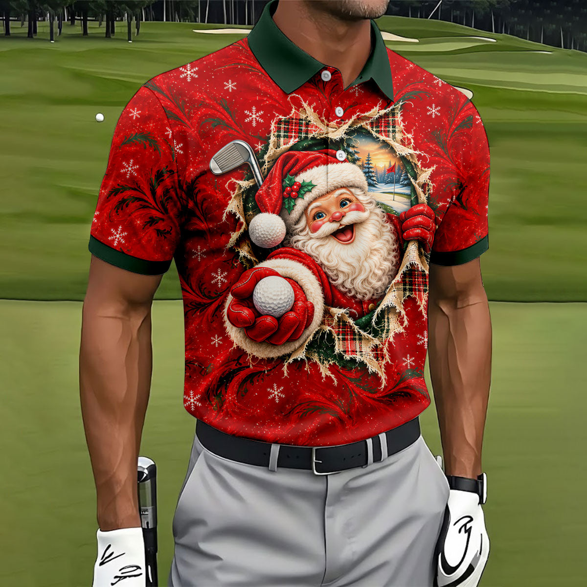 Santa Breaks Through Plaid Christmas Golf Shirt, Golf Gifts For Men, Mens Golf Polo