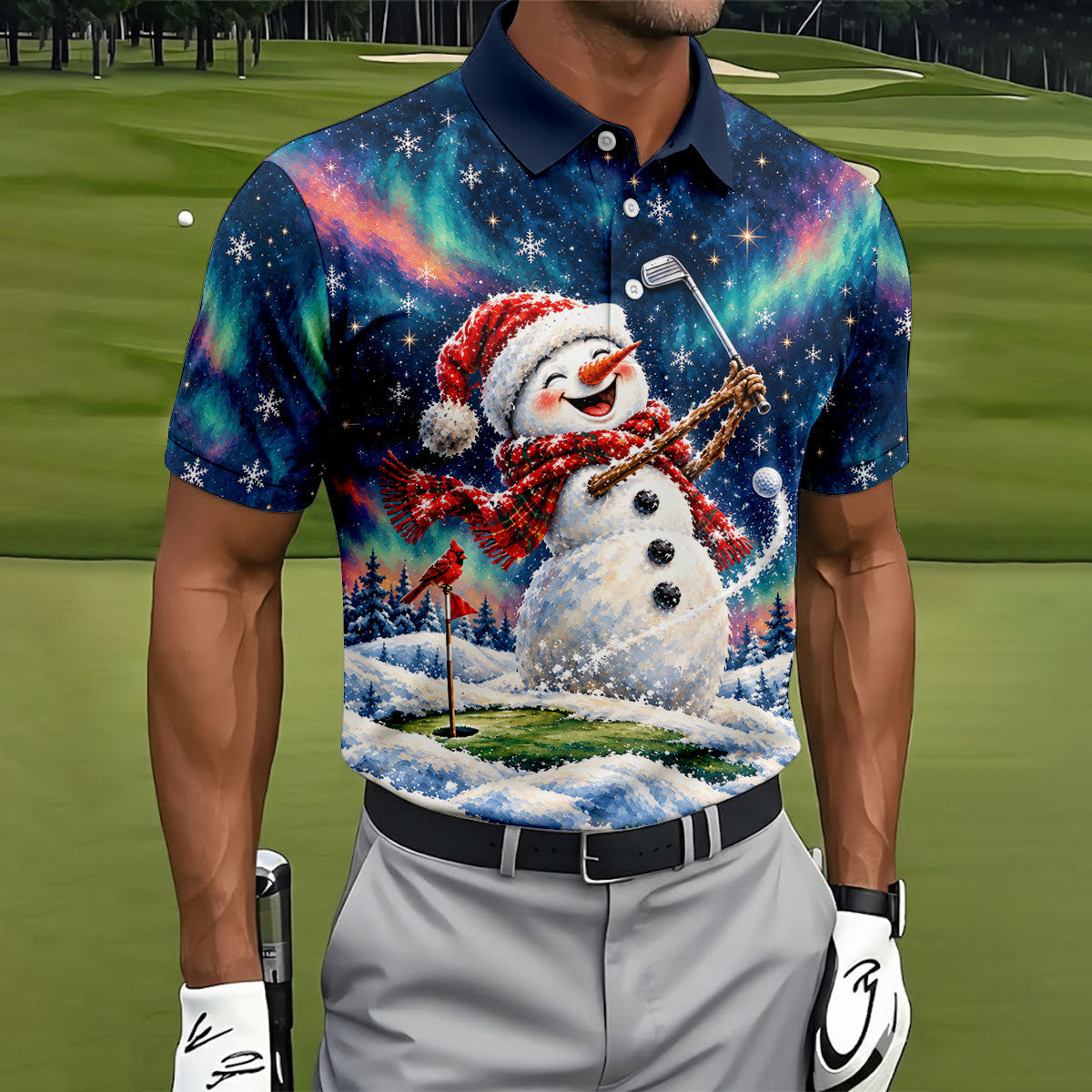 Aurora Snowman Golfer Christmas Golf Shirt, Funny Mens Golf Shirts, Mens Golf Apparel
