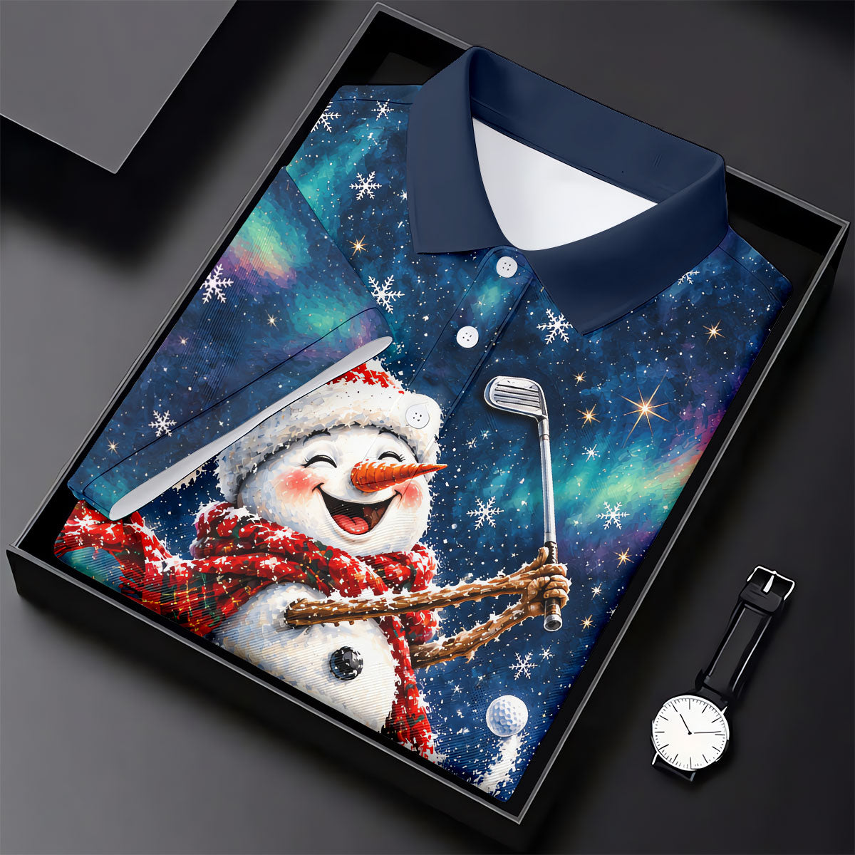 Aurora Snowman Golfer Christmas Golf Shirt, Funny Mens Golf Shirts, Mens Golf Apparel