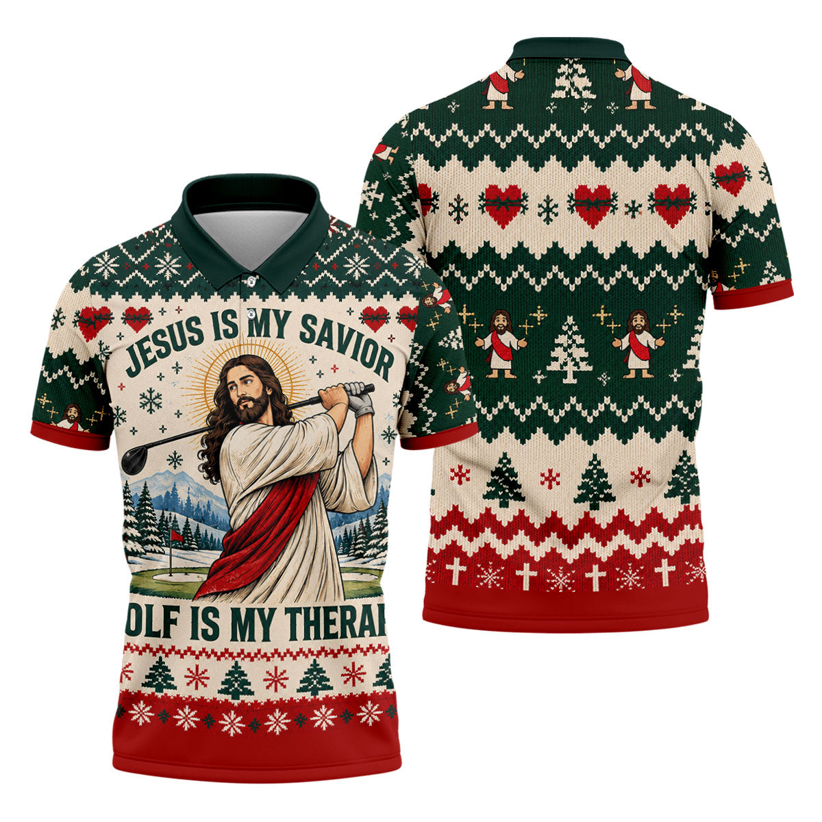 Jesus Savior Golf Therapy Christmas Golf Shirt, Mens Golf Shirts, Mens Golf Apparel