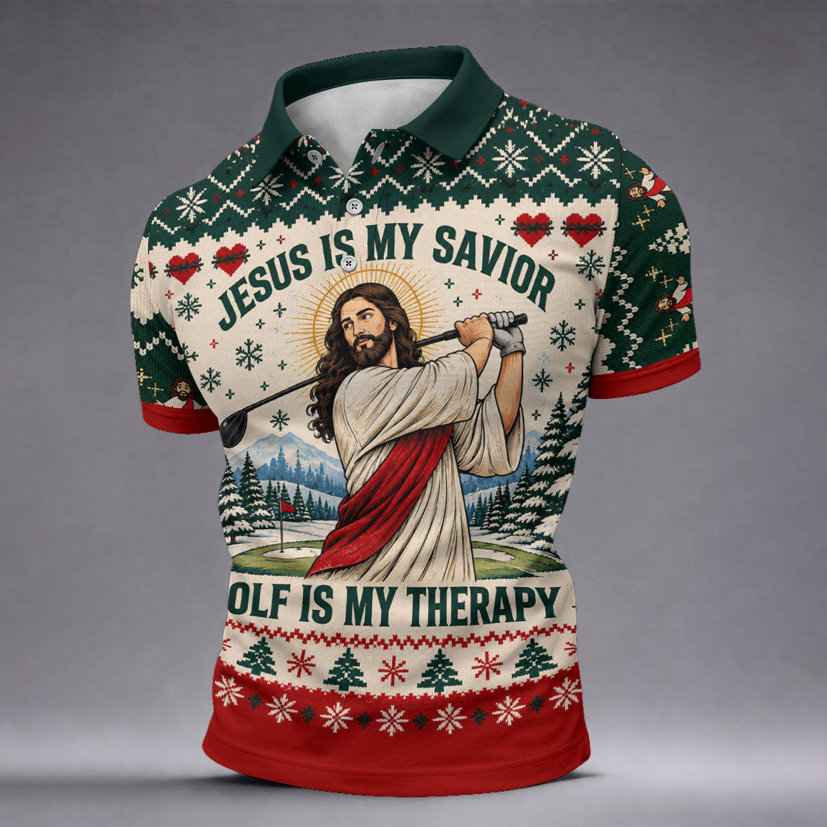 Jesus Savior Golf Therapy Christmas Golf Shirt, Mens Golf Shirts, Mens Golf Apparel