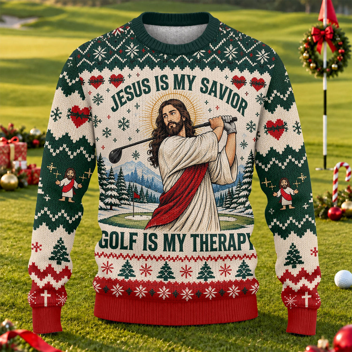 Jesus Savior Golf Therapy Ugly Christmas Sweater, Ugly Sweater Party, Funny Xmas Gift
