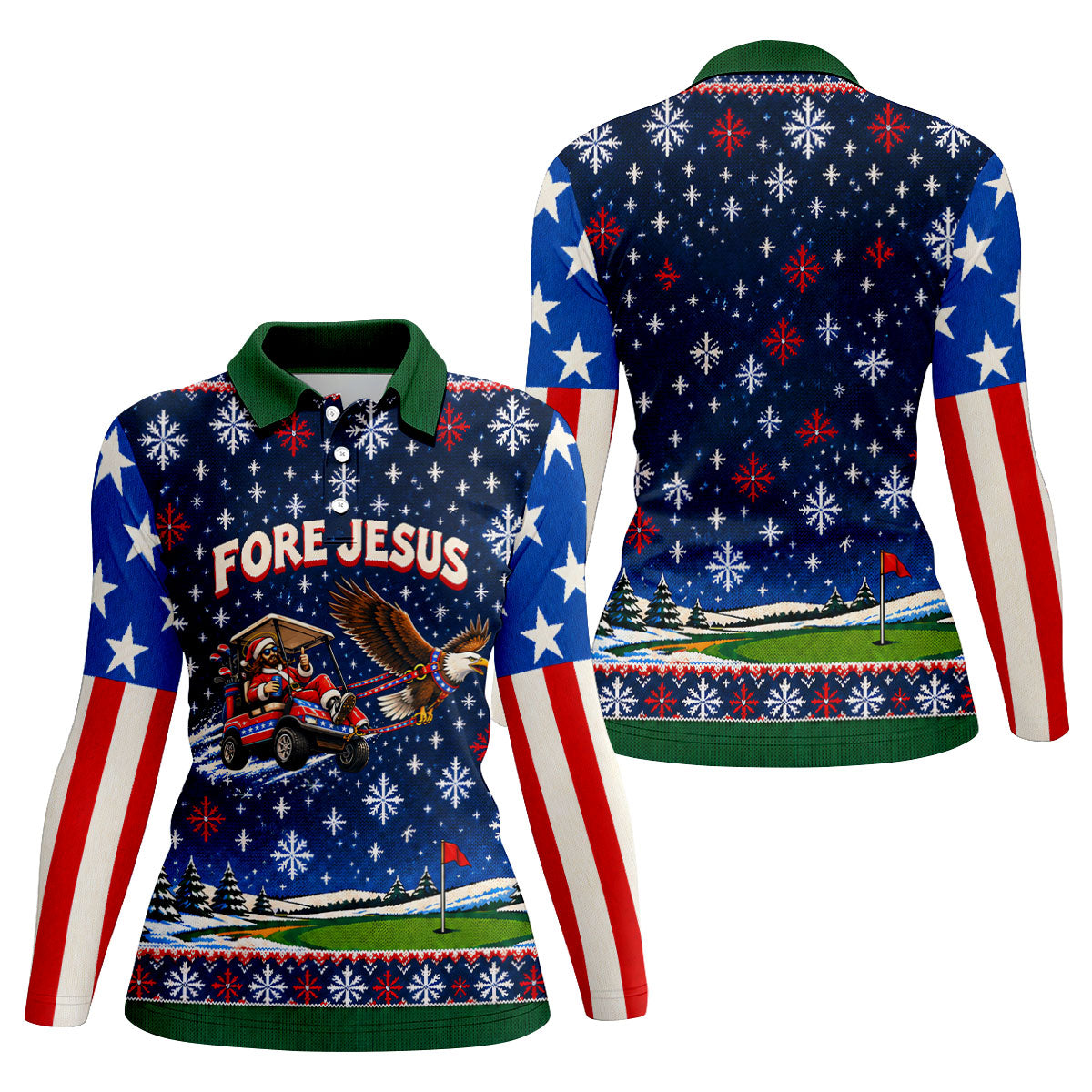 Fore Jesus Eagle Flag Christmas Golf Shirt, Womens Golf Clothing, Womens Golf Apparel