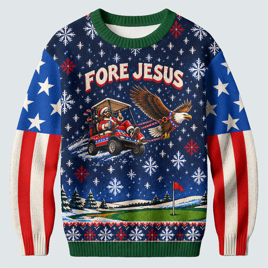Fore Jesus Eagle Flag Ugly Christmas Sweater, Golf Lover Gifts, Funny Holiday Sweater