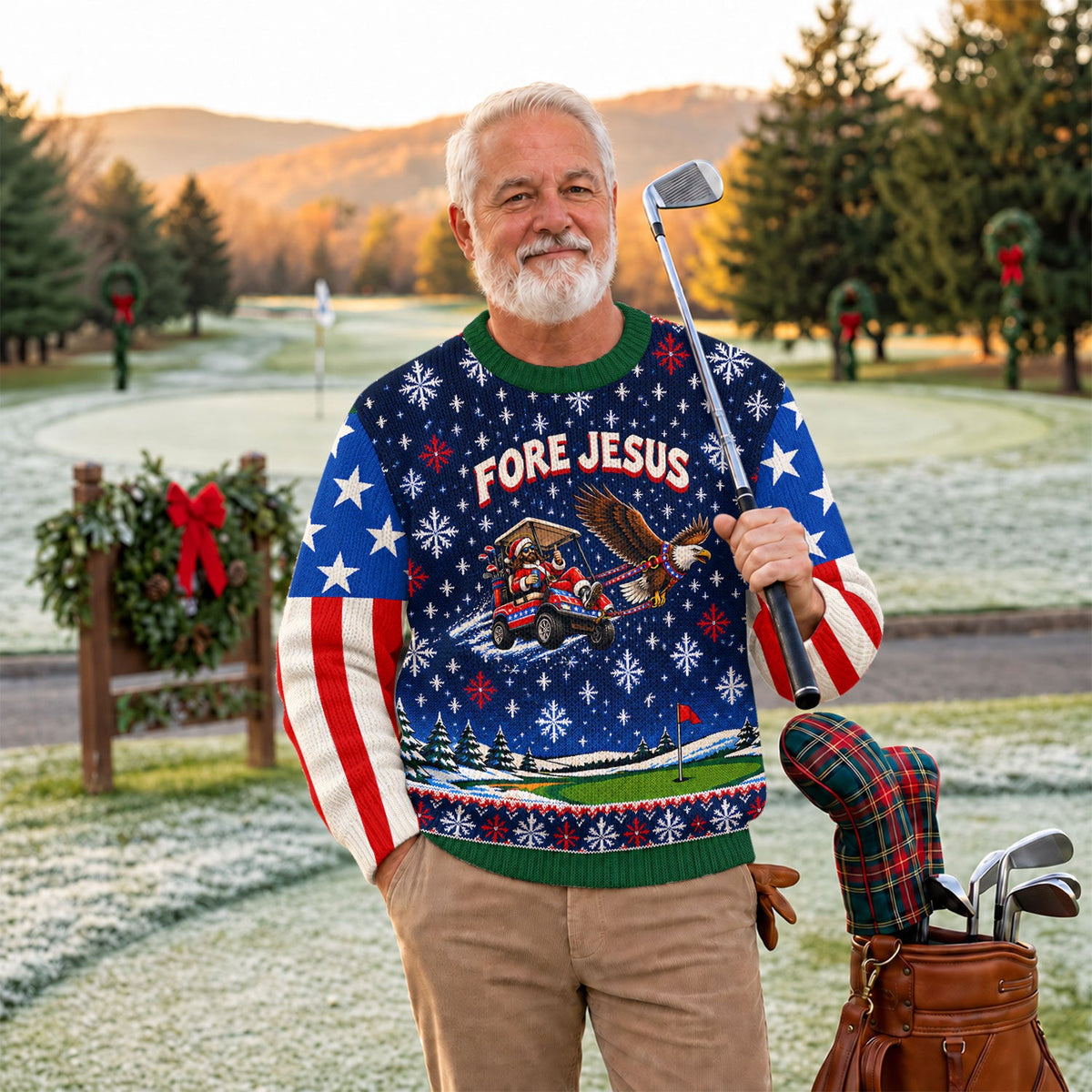 Fore Jesus Eagle Flag Ugly Christmas Sweater, Golf Lover Gifts, Funny Holiday Sweater