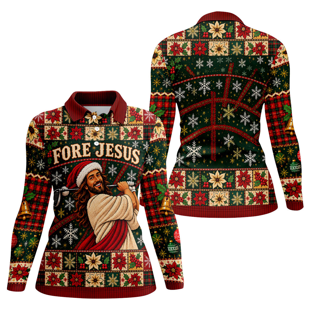Fore Jesus Santa Hat Christmas Golf Shirt, Golf Shirts For Women, Womens Golf Shirts