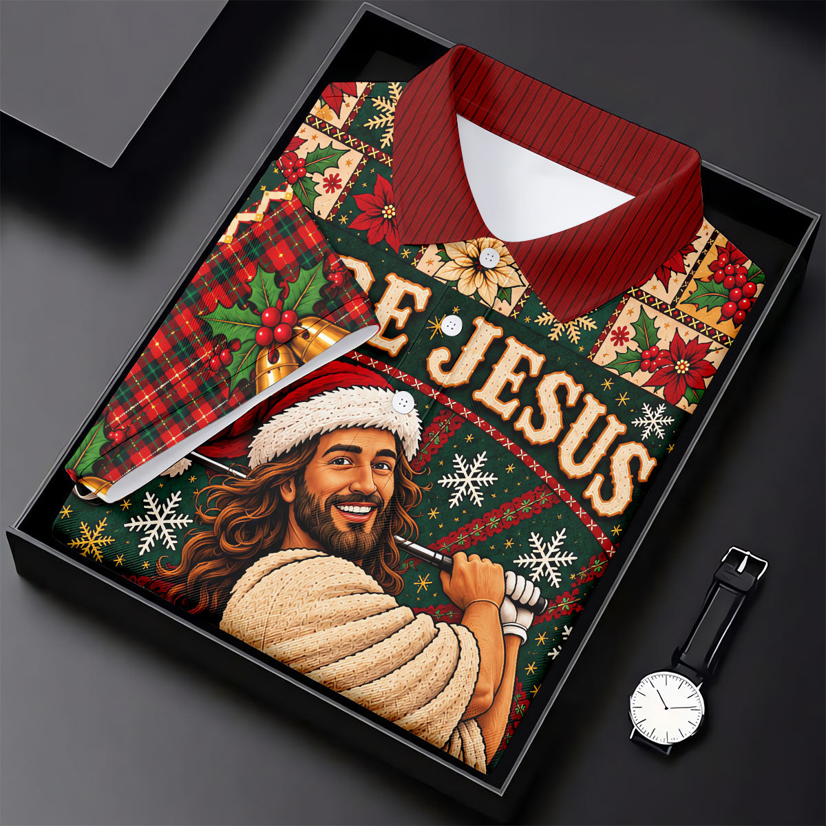 Fore Jesus Santa Hat Christmas Golf Shirt, Mens Golf Shirts, Mens Holiday Golf Shirts