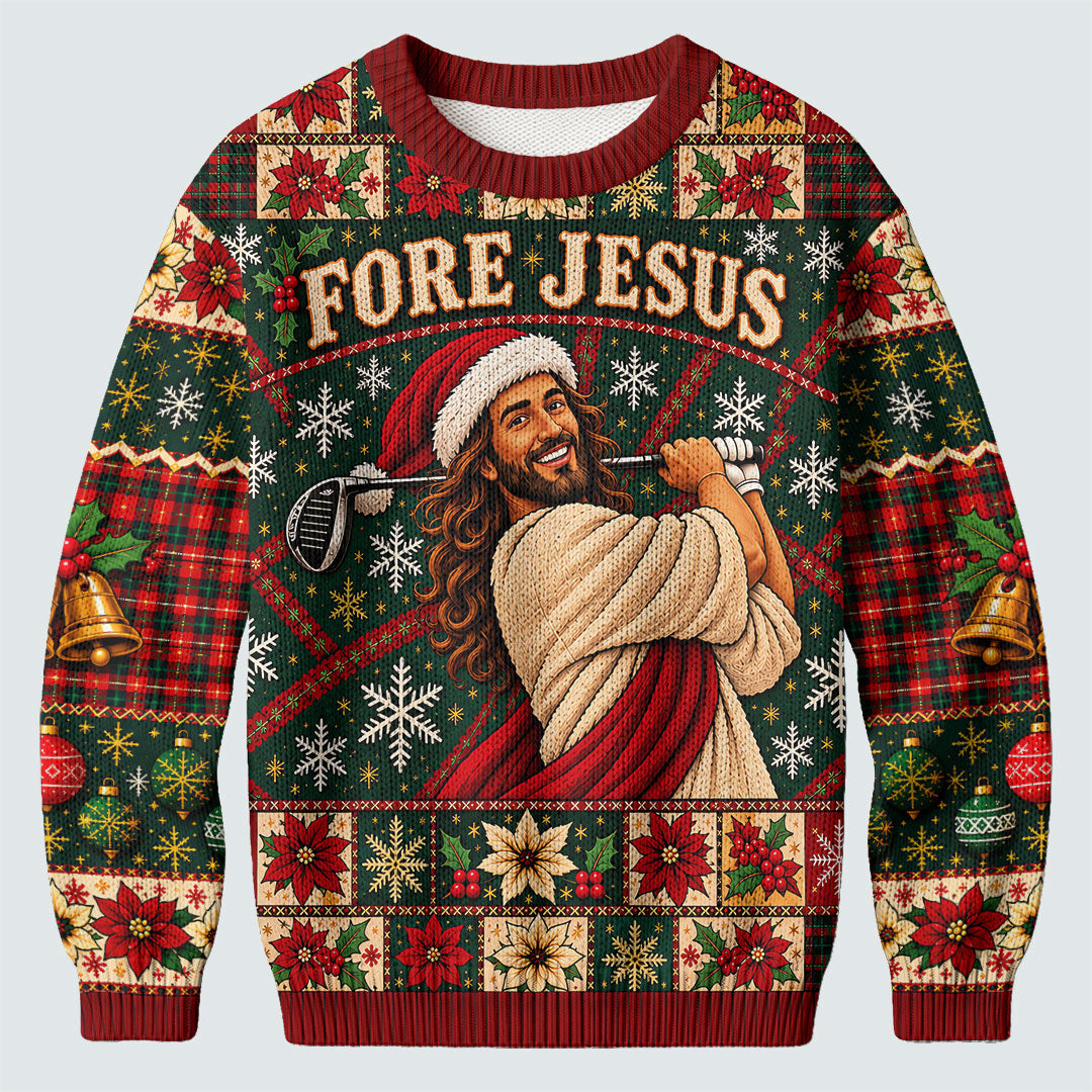 Fore Jesus Santa Hat Ugly Christmas Sweater, Christmas Sweater Gift, Golf Lover Gifts