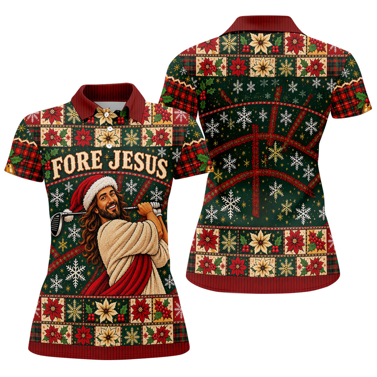 Fore Jesus Santa Hat Christmas Golf Shirt, Golf Shirts For Women, Womens Golf Shirts
