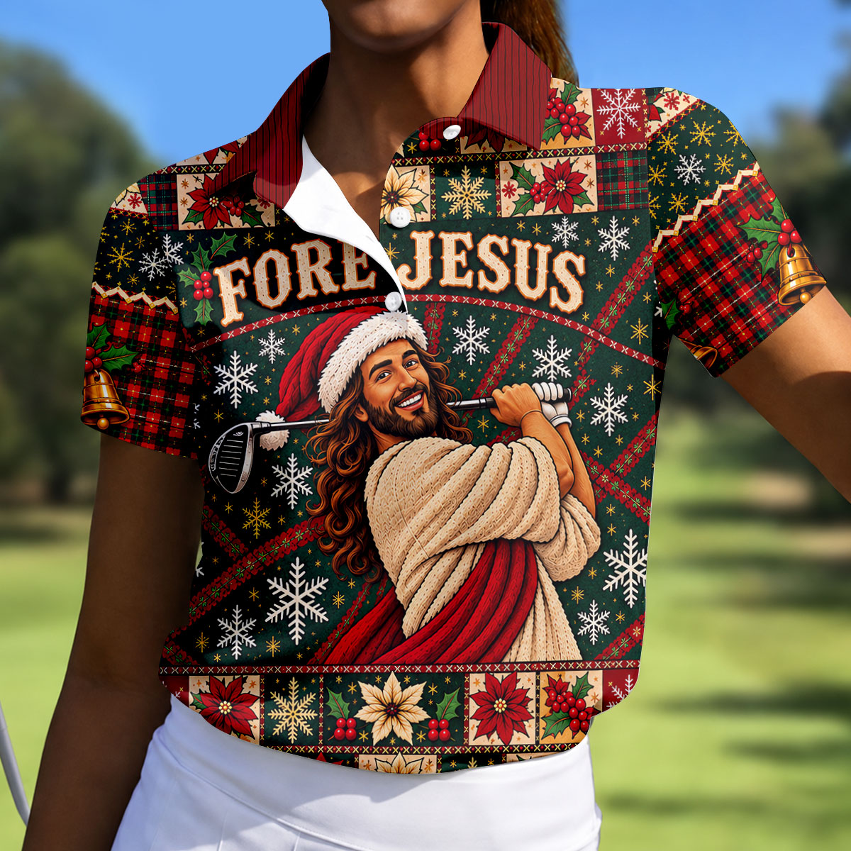 Fore Jesus Santa Hat Christmas Golf Shirt, Golf Shirts For Women, Womens Golf Shirts