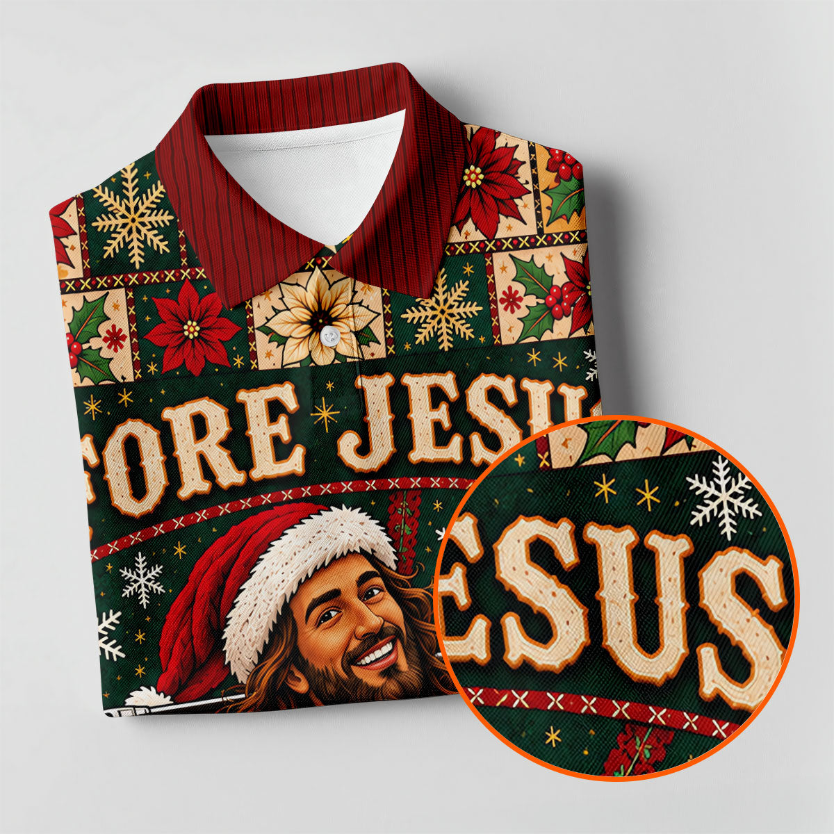 Fore Jesus Santa Hat Christmas Golf Shirt, Mens Golf Shirts, Mens Holiday Golf Shirts