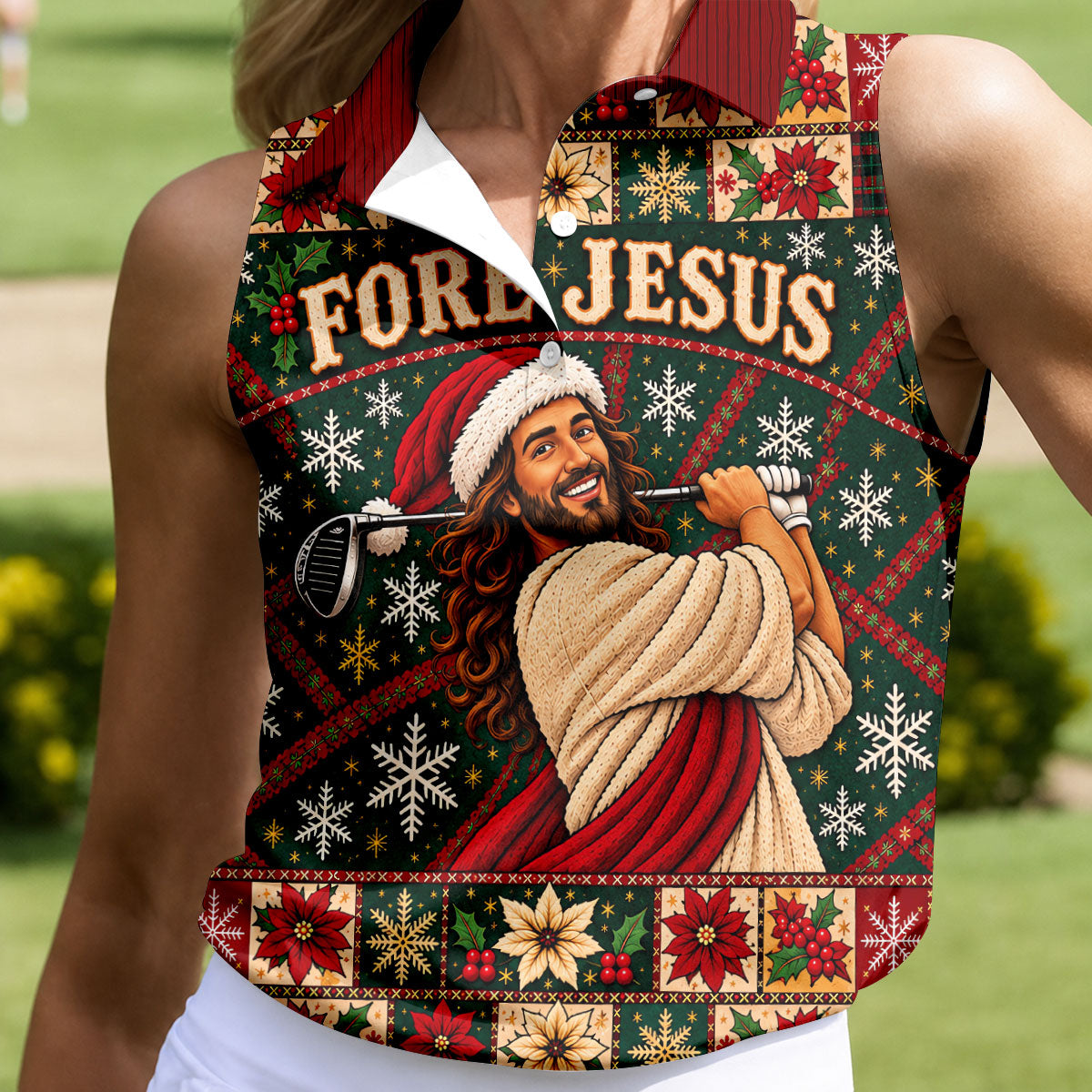 Fore Jesus Santa Hat Christmas Golf Shirt, Golf Shirts For Women, Womens Golf Shirts