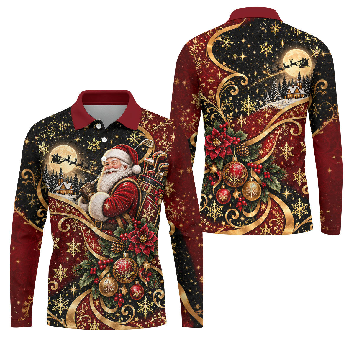 Golden Swirl Santa Golfer Christmas Golf Shirt, Mens Golf Polo, Golf Shirts For Men
