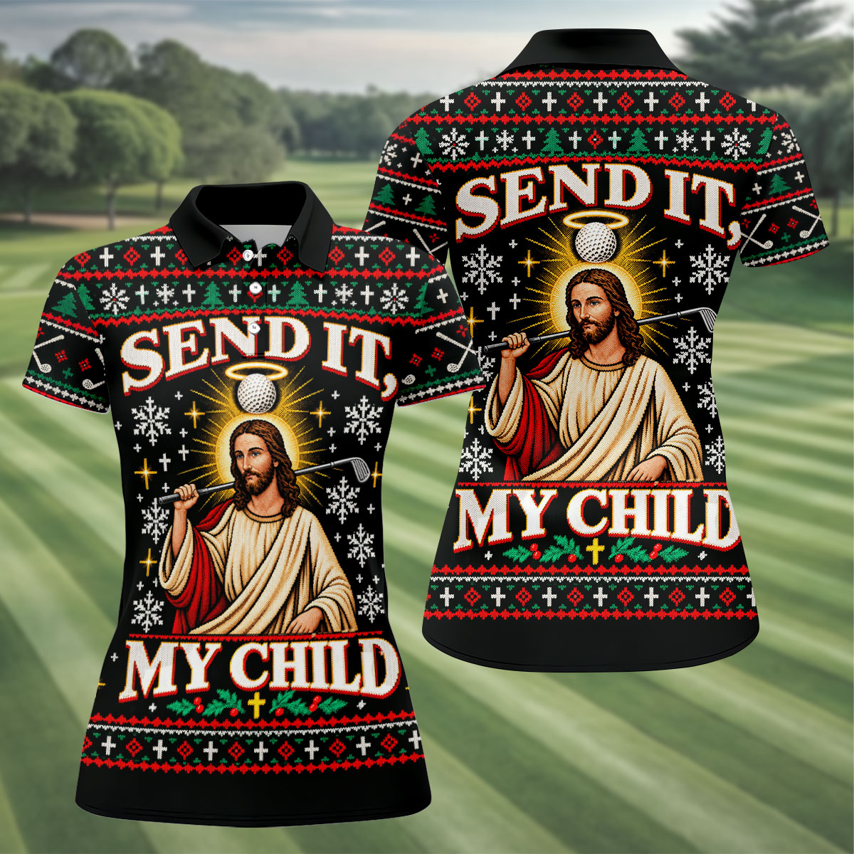 Send It Golf Halo Jesus Christmas Golf Shirt, Ladies Golf Tops, Womens Golf Clothing