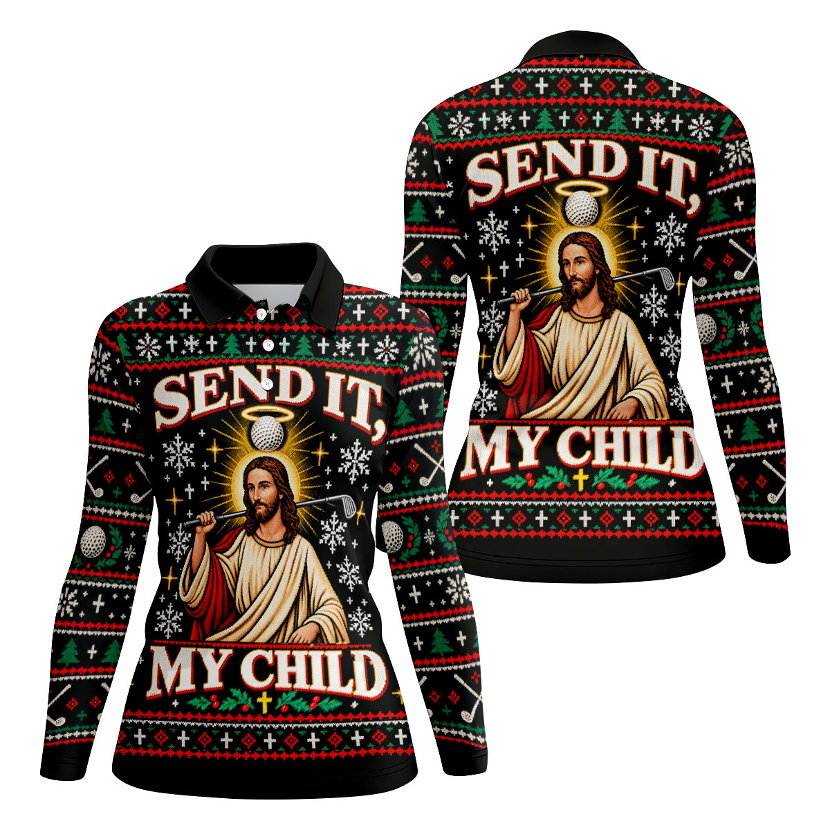 Send It Golf Halo Jesus Christmas Golf Shirt, Ladies Golf Tops, Womens Golf Clothing