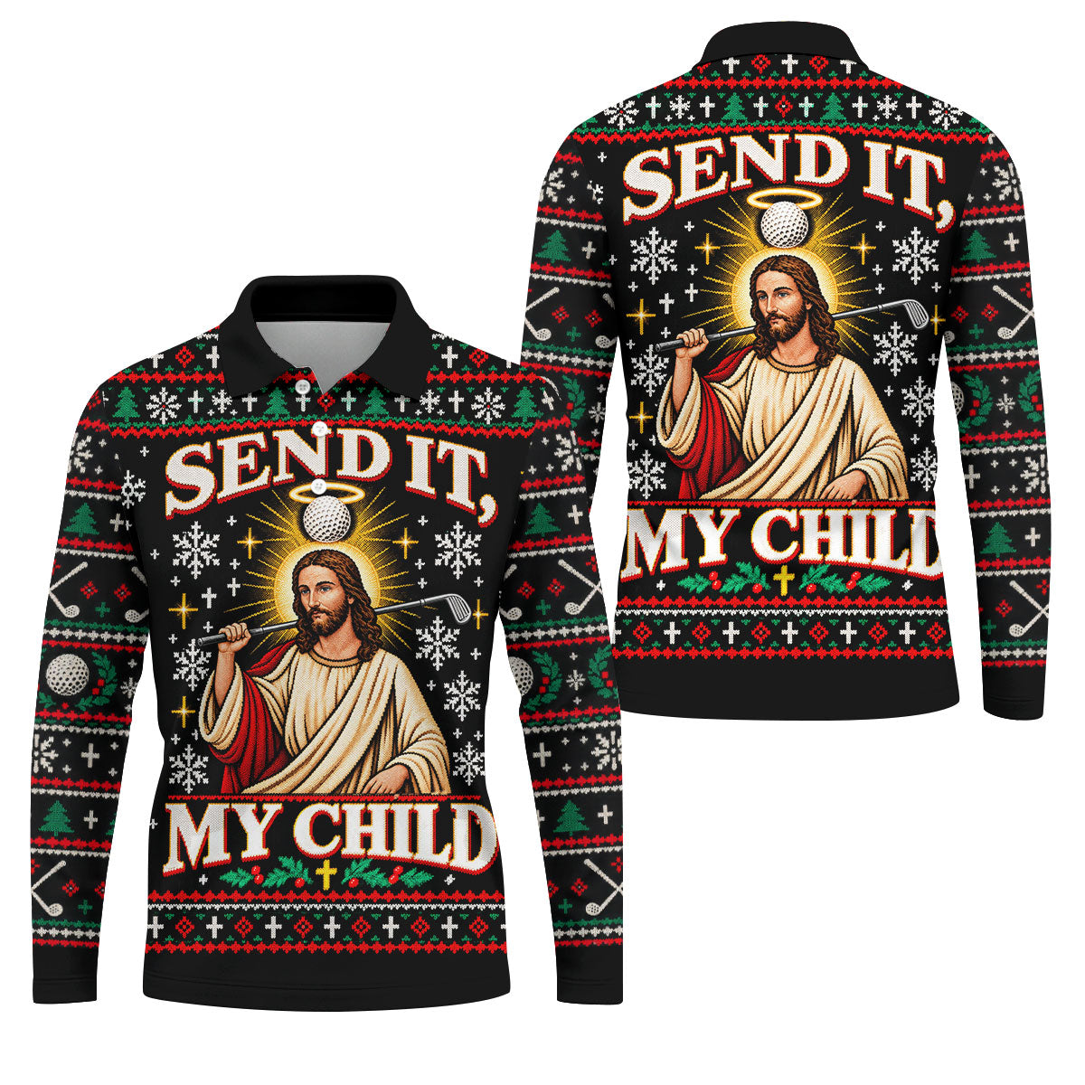 Send It Golf Halo Jesus Christmas Golf Shirt, Mens Golf Apparel, Golf Gifts For Men