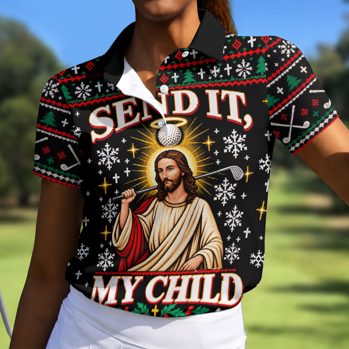 Send It Golf Halo Jesus Christmas Golf Shirt, Ladies Golf Tops, Womens Golf Clothing