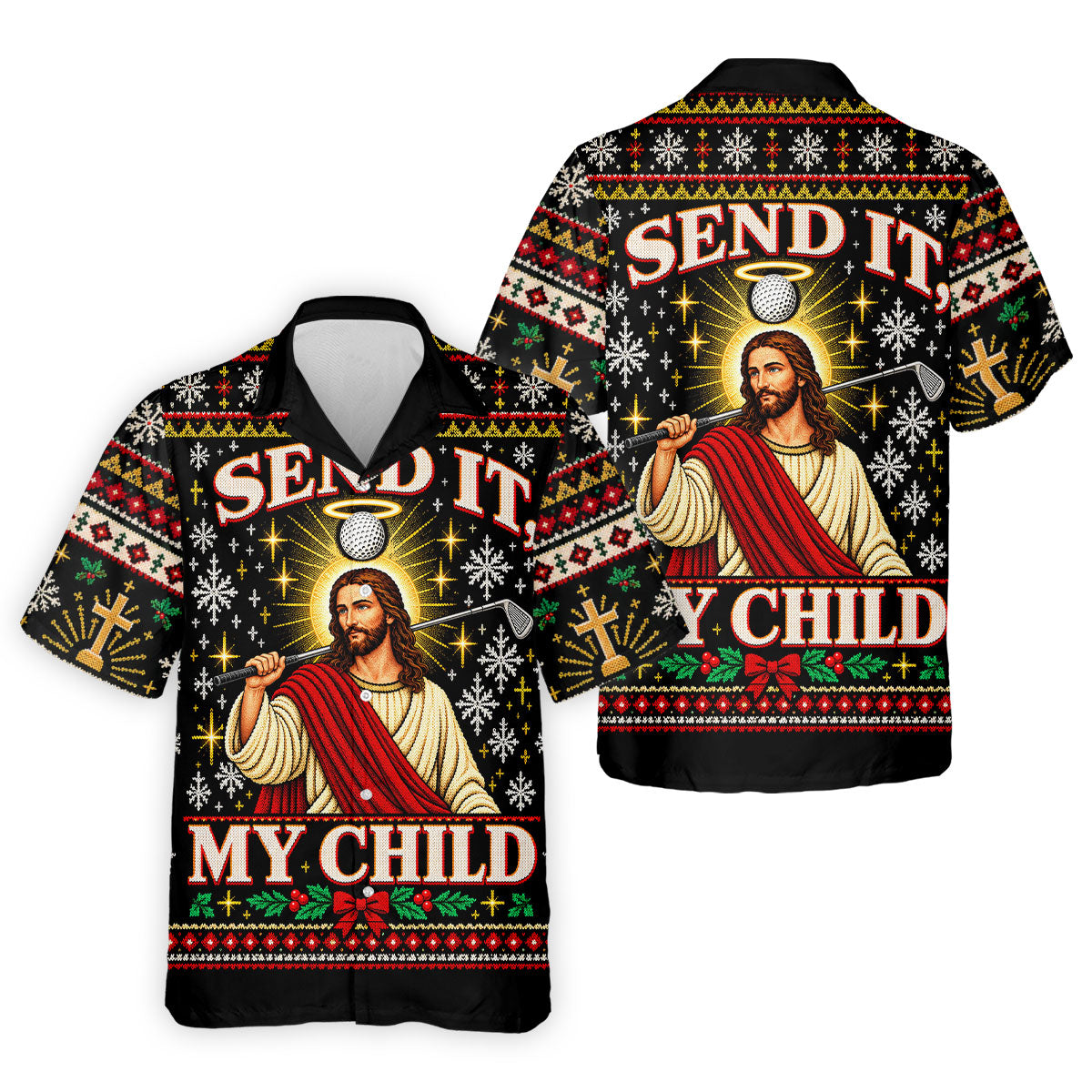 Send It My Child Jesus Christmas Golf Shirt, Mens Golf Polo, Mens Holiday Golf Shirts