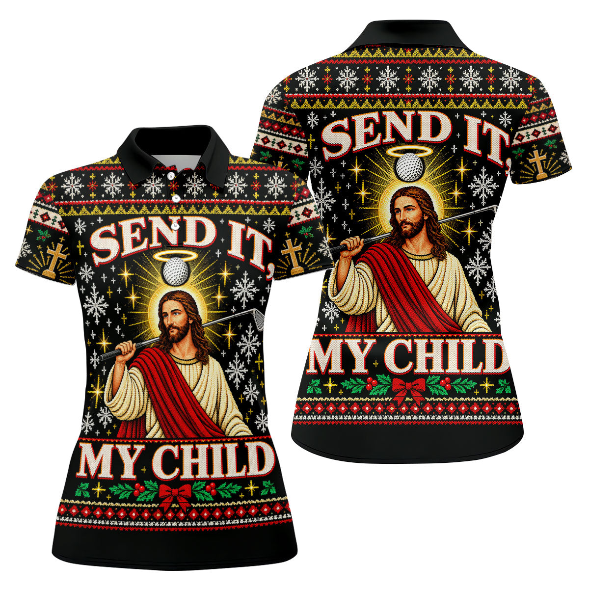 Send It My Child Jesus Christmas Golf Shirt, Ladies Golf Apparel, Womens Golf Apparel