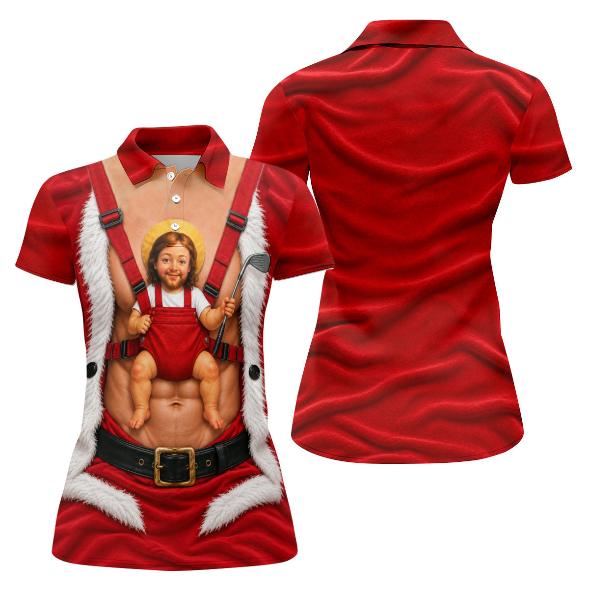 Santa Abs Baby Carrier Christmas Golf Shirt, Golf Shirts For Women, Womens Golf Tops