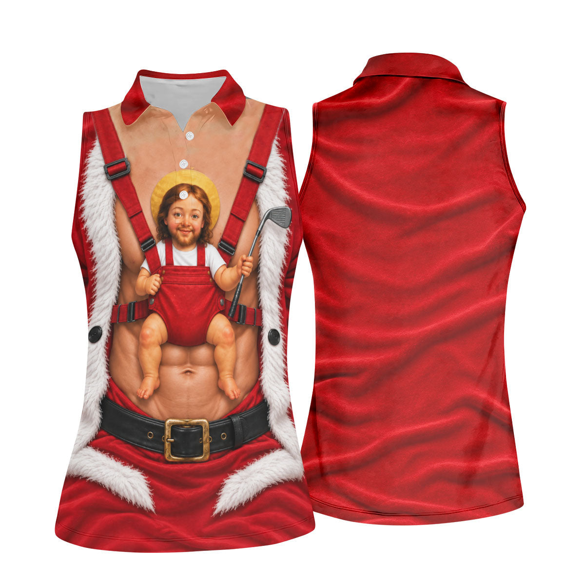 Santa Abs Baby Carrier Christmas Golf Shirt, Golf Shirts For Women, Womens Golf Tops