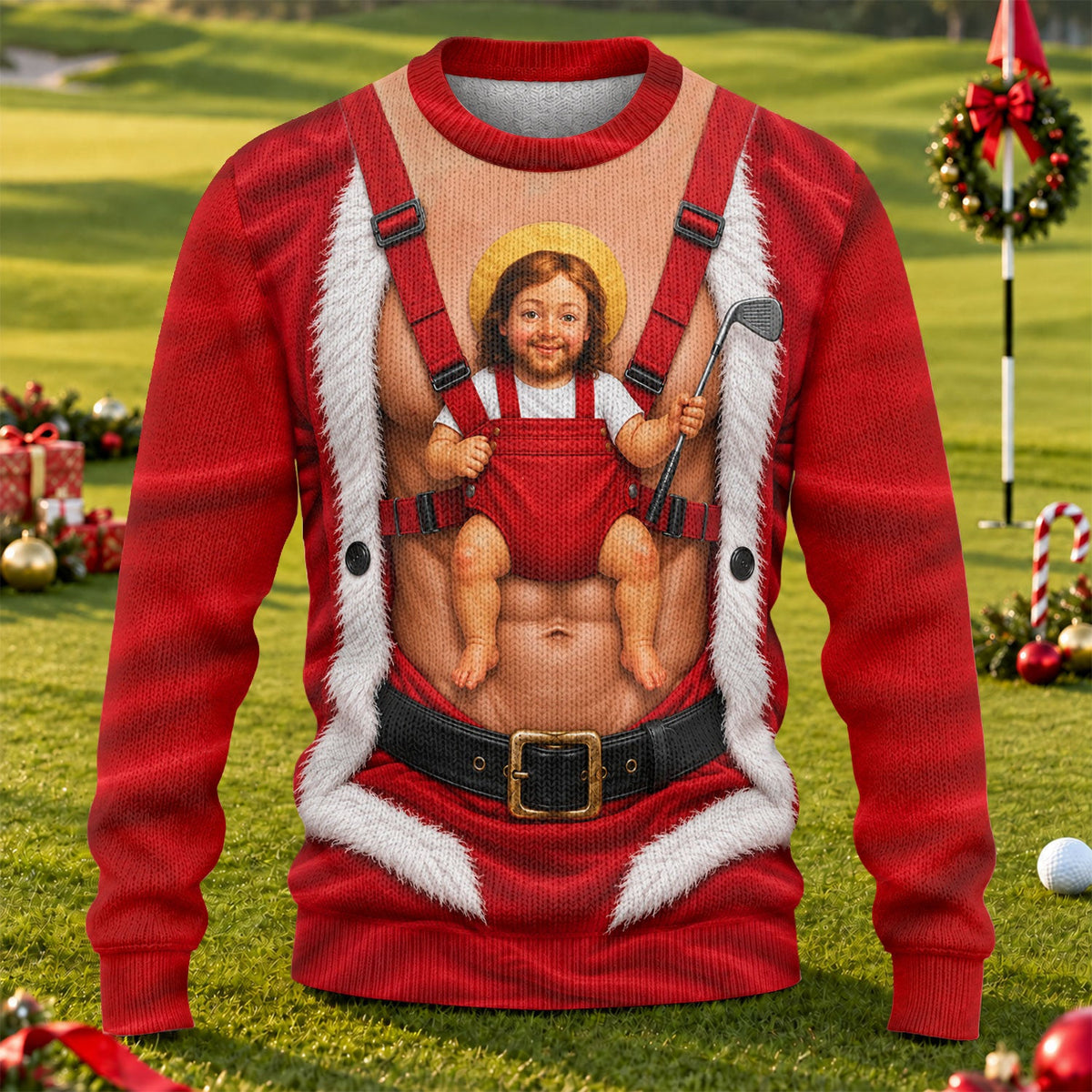 Santa Abs Baby Carrier Ugly Christmas Sweater, Funny Holiday Sweater, Funny Xmas Gift