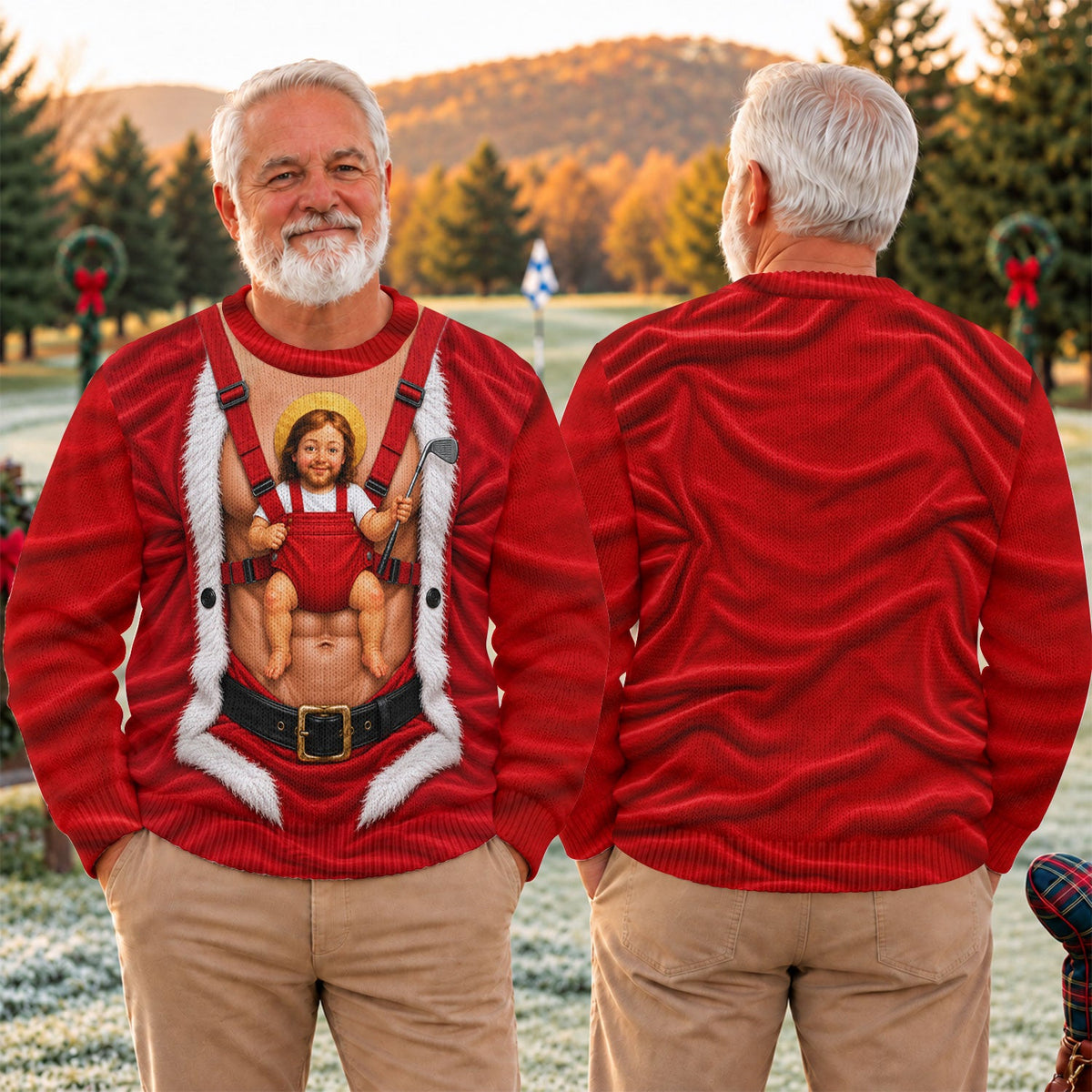 Santa Abs Baby Carrier Ugly Christmas Sweater, Funny Holiday Sweater, Funny Xmas Gift