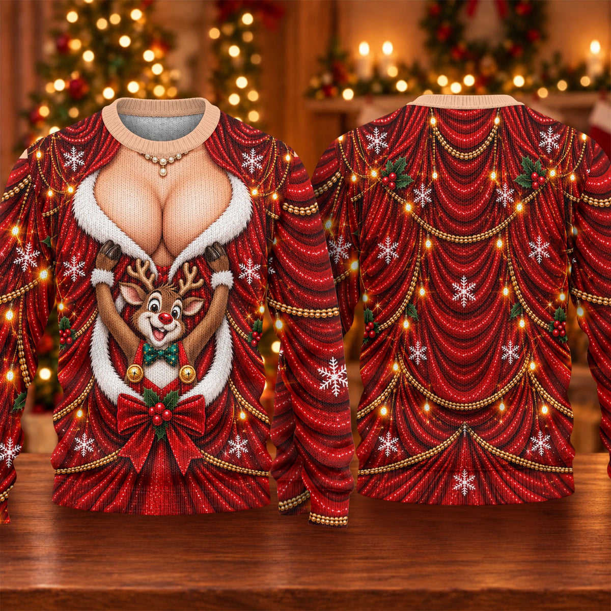 Busty Reindeer Santa Suit Ugly Christmas Sweater, Ugly Sweater Party, Funny Xmas Gift