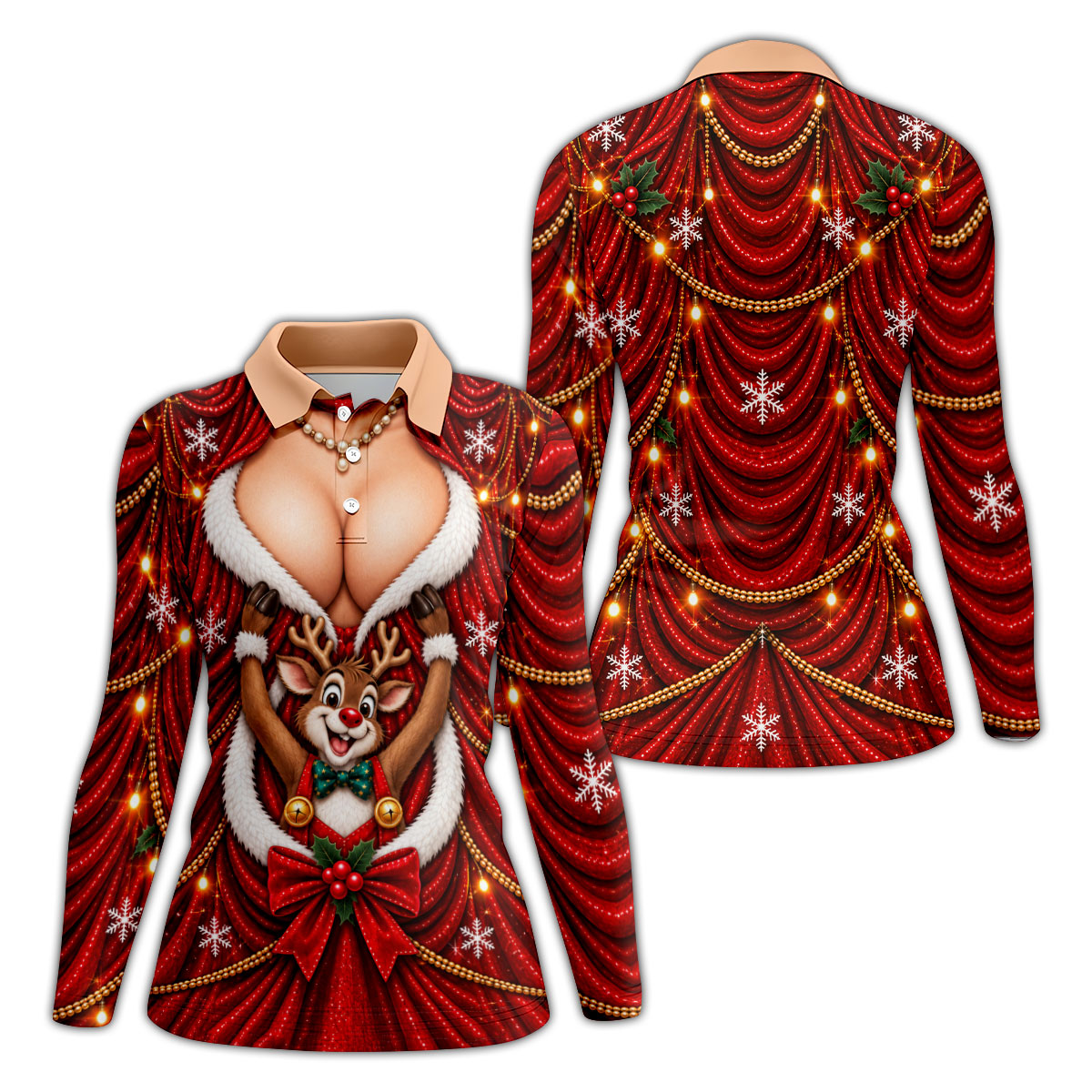 Busty Reindeer Santa Suit Christmas Golf Shirt, Womens Golf Tops, Ladies Golf Shirts