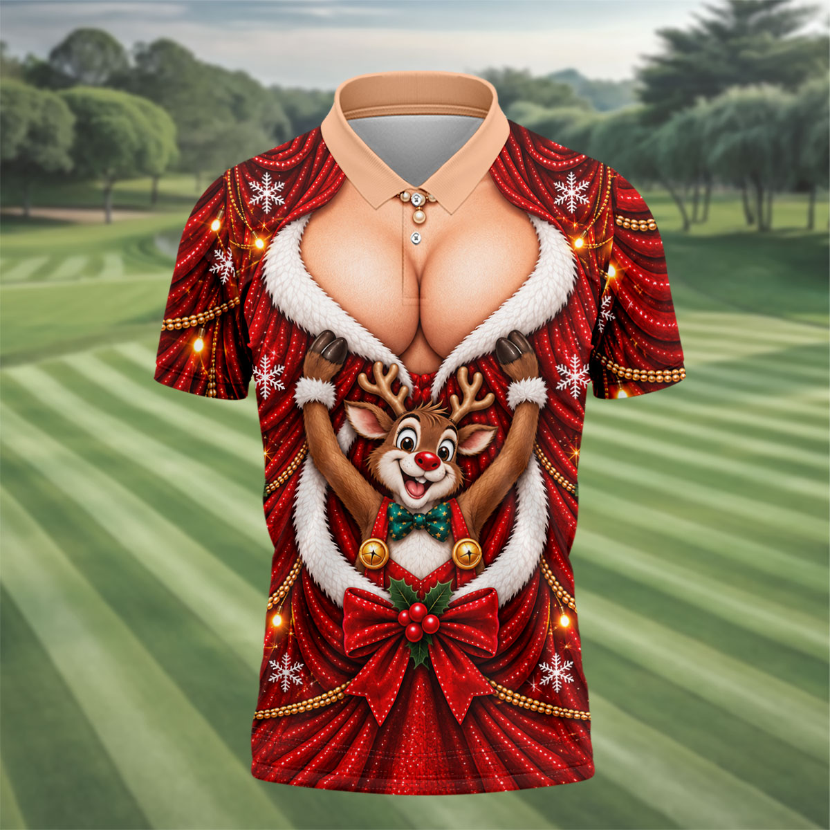 Busty Reindeer Santa Suit Christmas Golf Shirt, Mens Golf Polo, Golf Shirts For Men