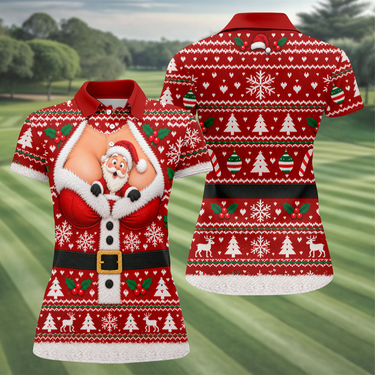 Santa Peeking Busty Knit Christmas Golf Shirt, Ladies Golf Tops, Golf Gifts For Women