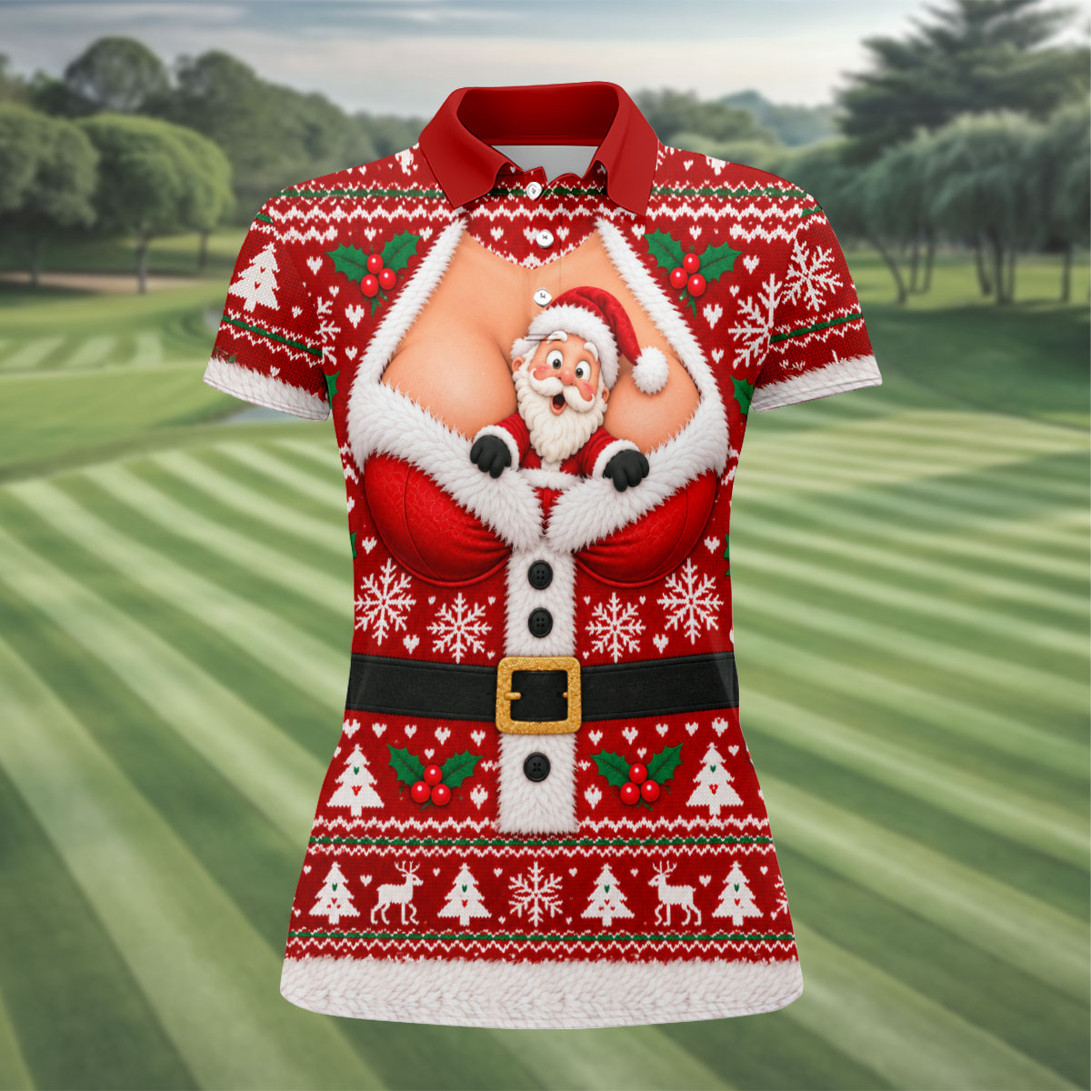 Santa Peeking Busty Knit Christmas Golf Shirt, Ladies Golf Tops, Golf Gifts For Women