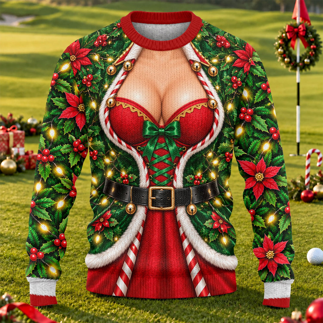 Holly Corset Busty Dress Ugly Christmas Sweater, Funny Xmas Gift, Christmas Golf Gift