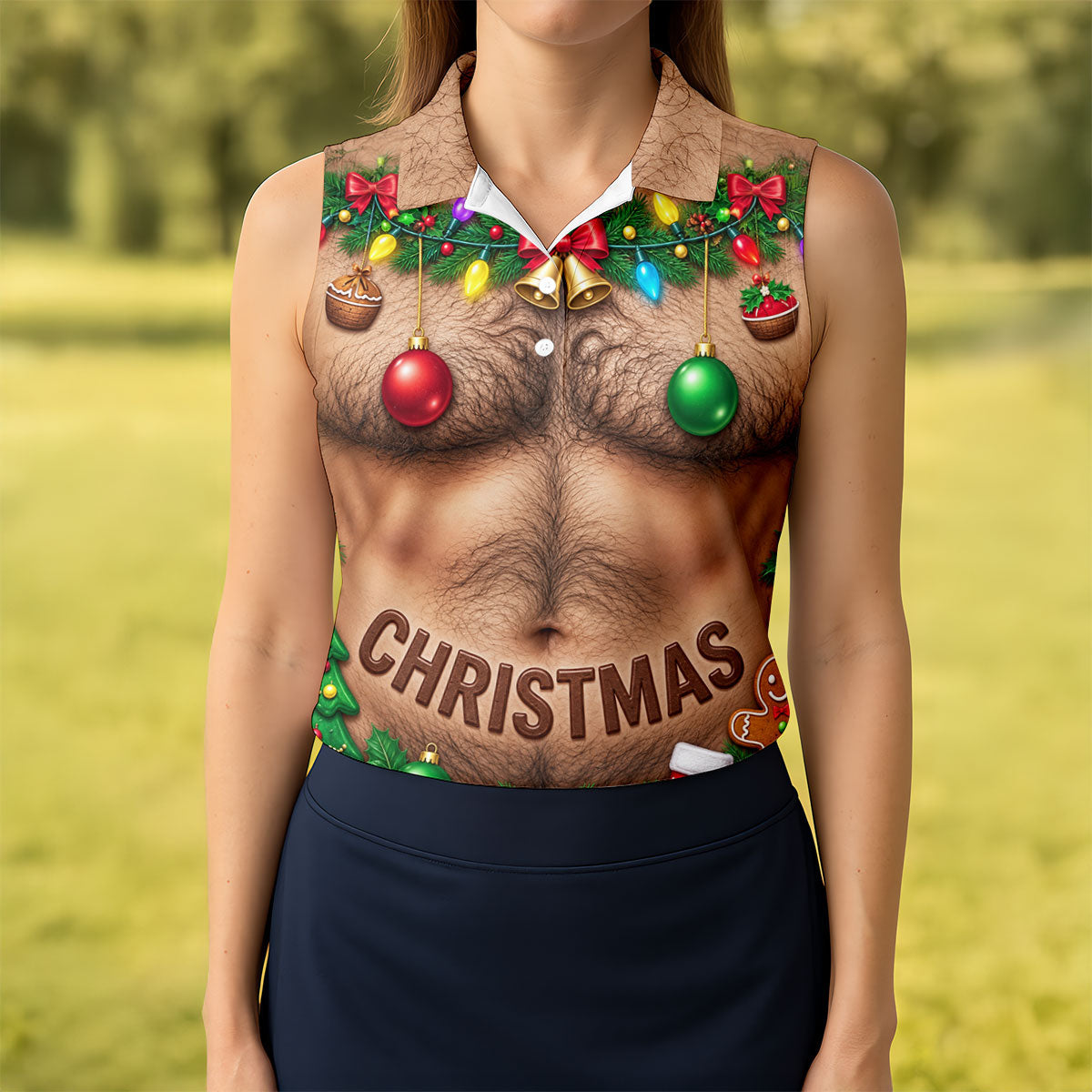 Hairy Chest Ornaments Christmas Golf Shirt, Ladies Golf Apparel, Womens Golf Clothing