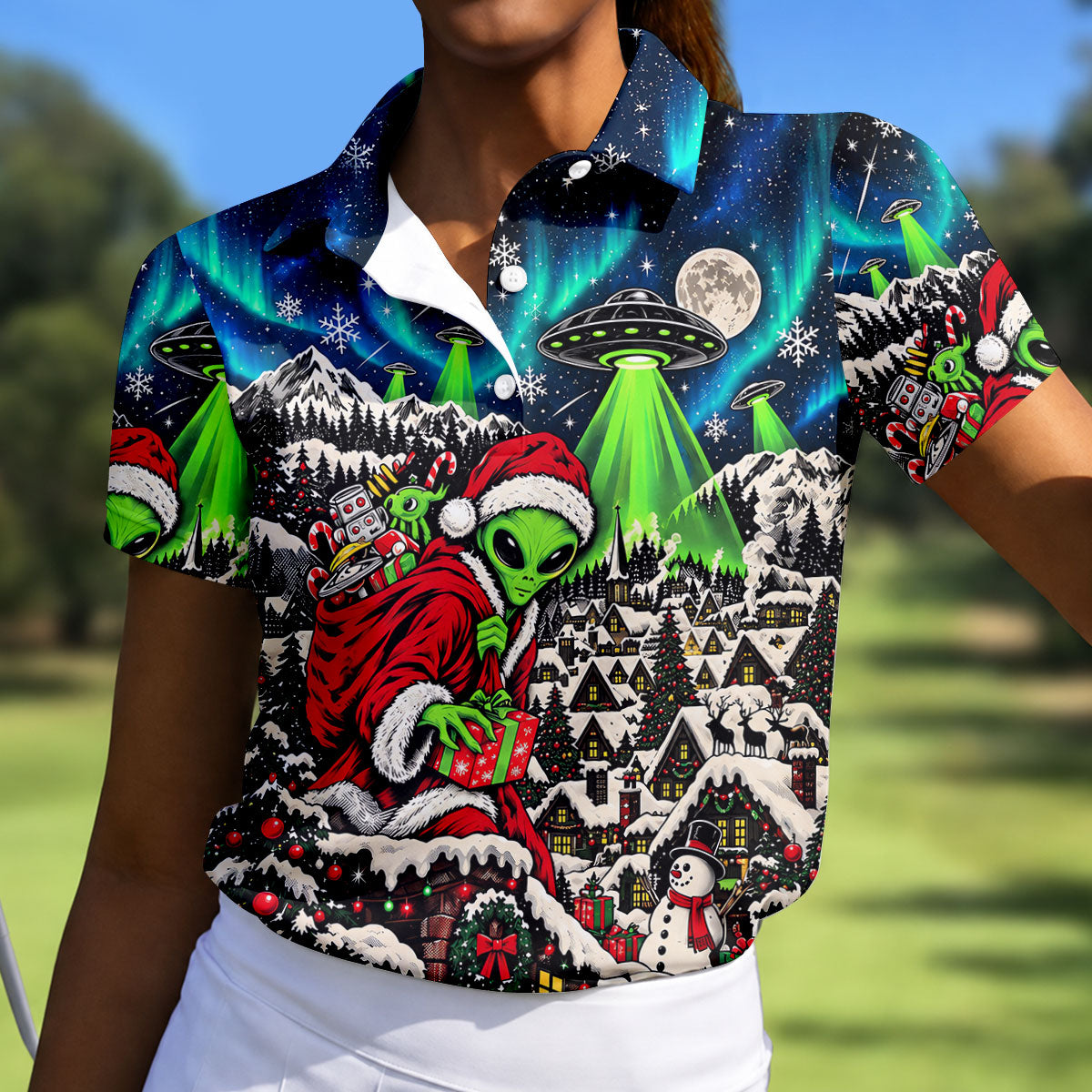 Alien Santa UFO Aurora Christmas Golf Shirt, Womens Golf Shirts, Womens Golf Clothing